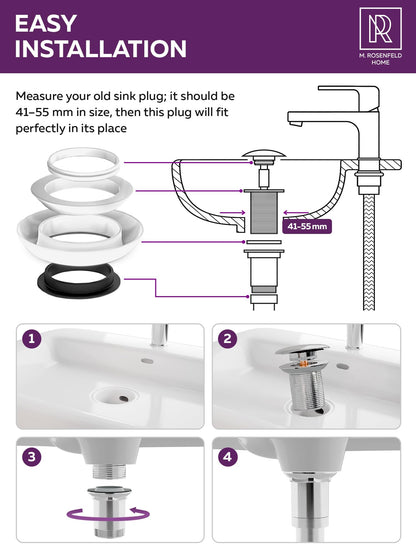 M. ROSENFELD HOME Click Clack Basin Waste Kit without Overflow 1 1/4" Universal Chrome Bathroom Sink Waste Kit Pop Up