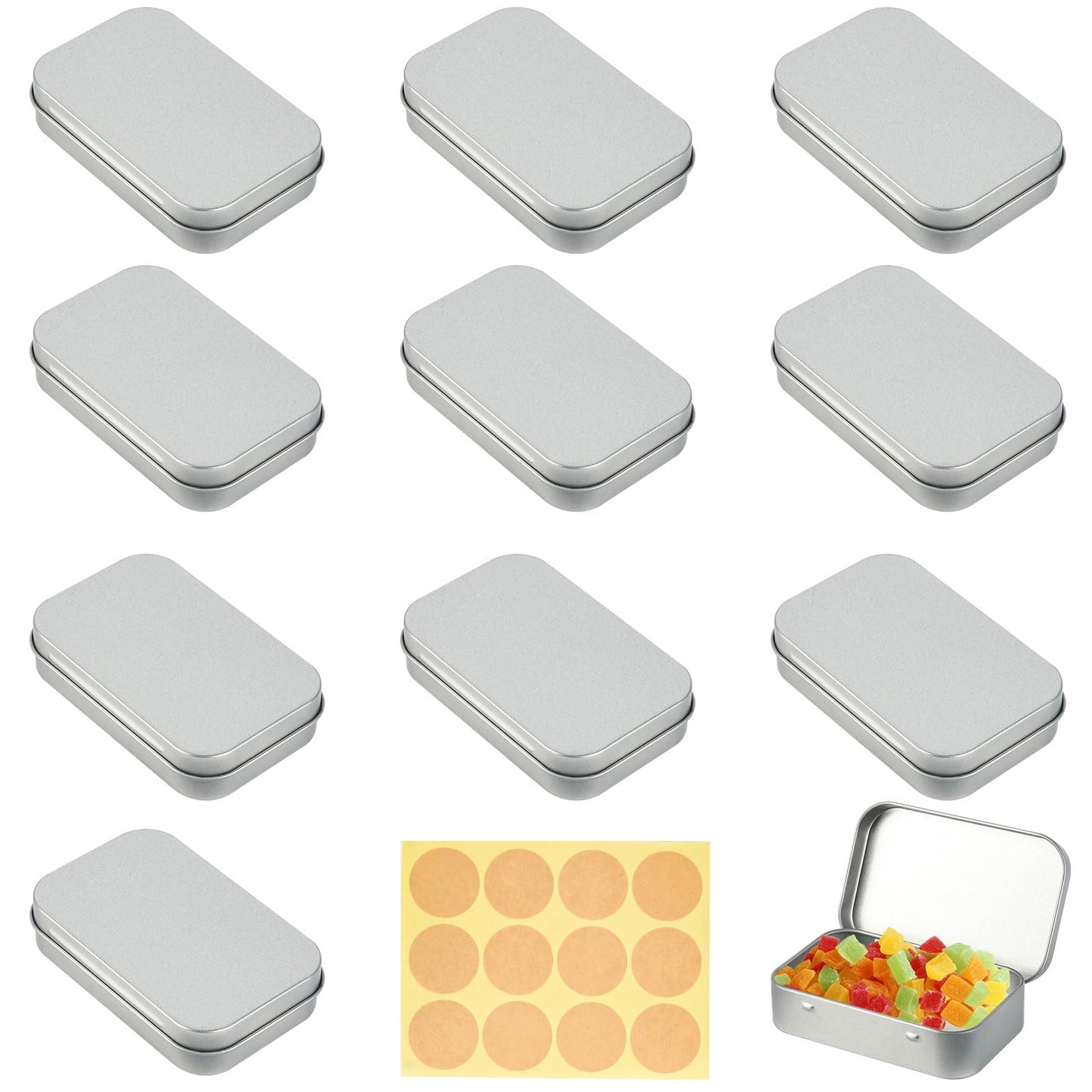 RVLZKCPG Pack of 10 Silver Rectangular Metal Tins with Lid, Portable, Water Resistant, Industrial Style Storage Box, 9.5 x 6 x 2.1 cm