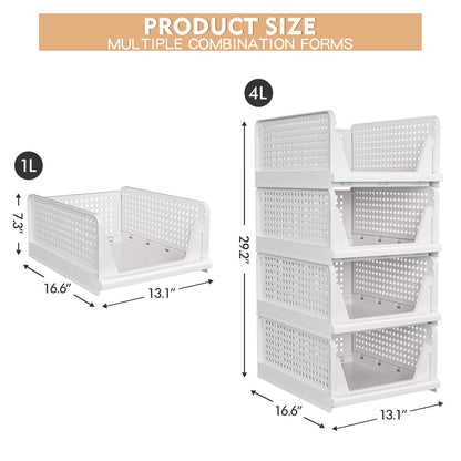 4 Pack Folding Closet Organizers Box, Stackable Plastic Basket, Drawer Shelf Container for Cupboard Kitchen Bathroom Bedroom 4L White