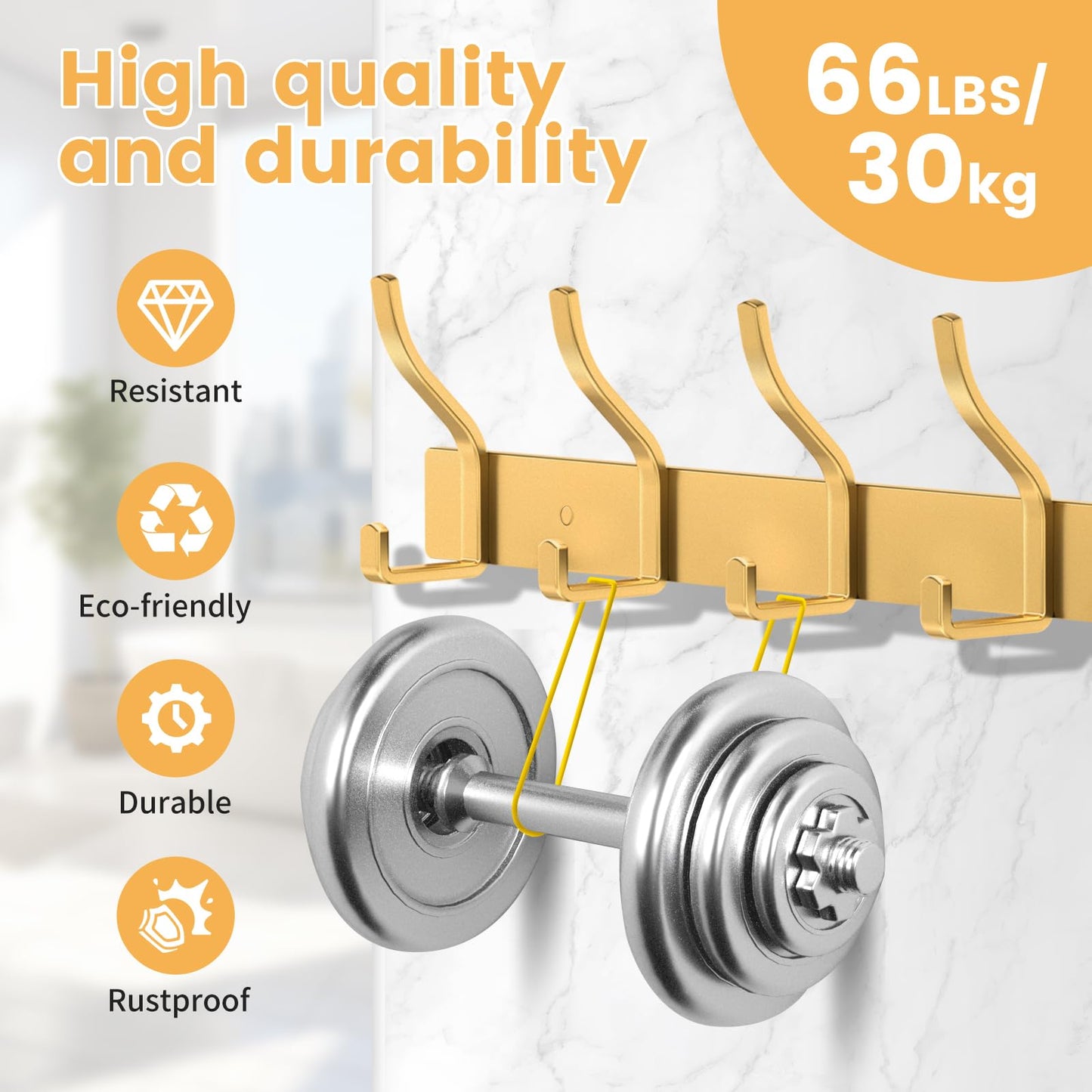 MEIJO Coat Hooks Wall Mounted Stainless Steel, Gold Coat Rack Wall Mounted with 6 Hooks Heavy Duty Coat Hooks for Door, Bathroom, Bedroom, Kitchen