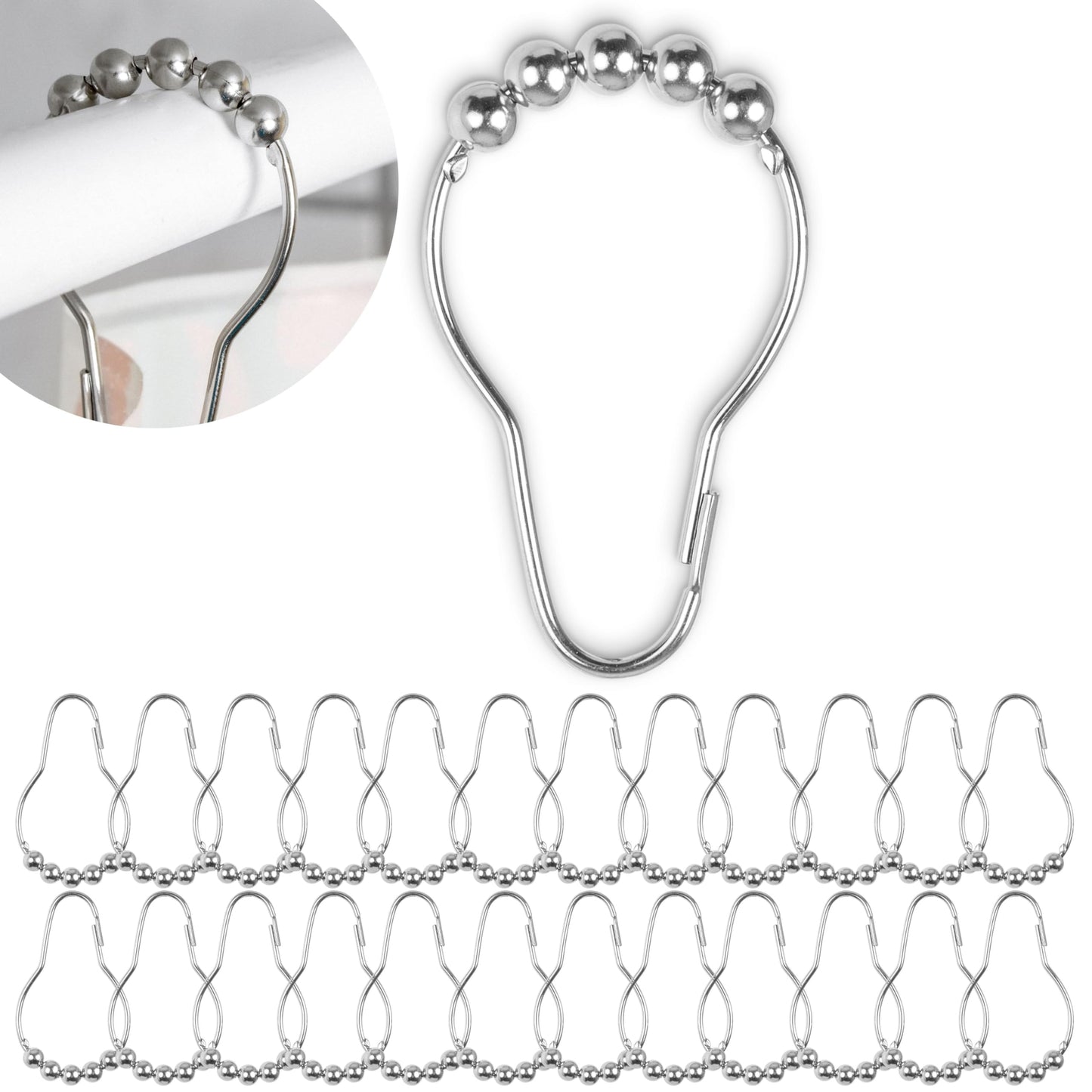 Shower Curtain Rings, 24 Pack, in Silver-Colour, Inner Diameter 2.7 x 1.5", for Shower Curtain Rods, sturdy metal shower rings, with Rolls to slide