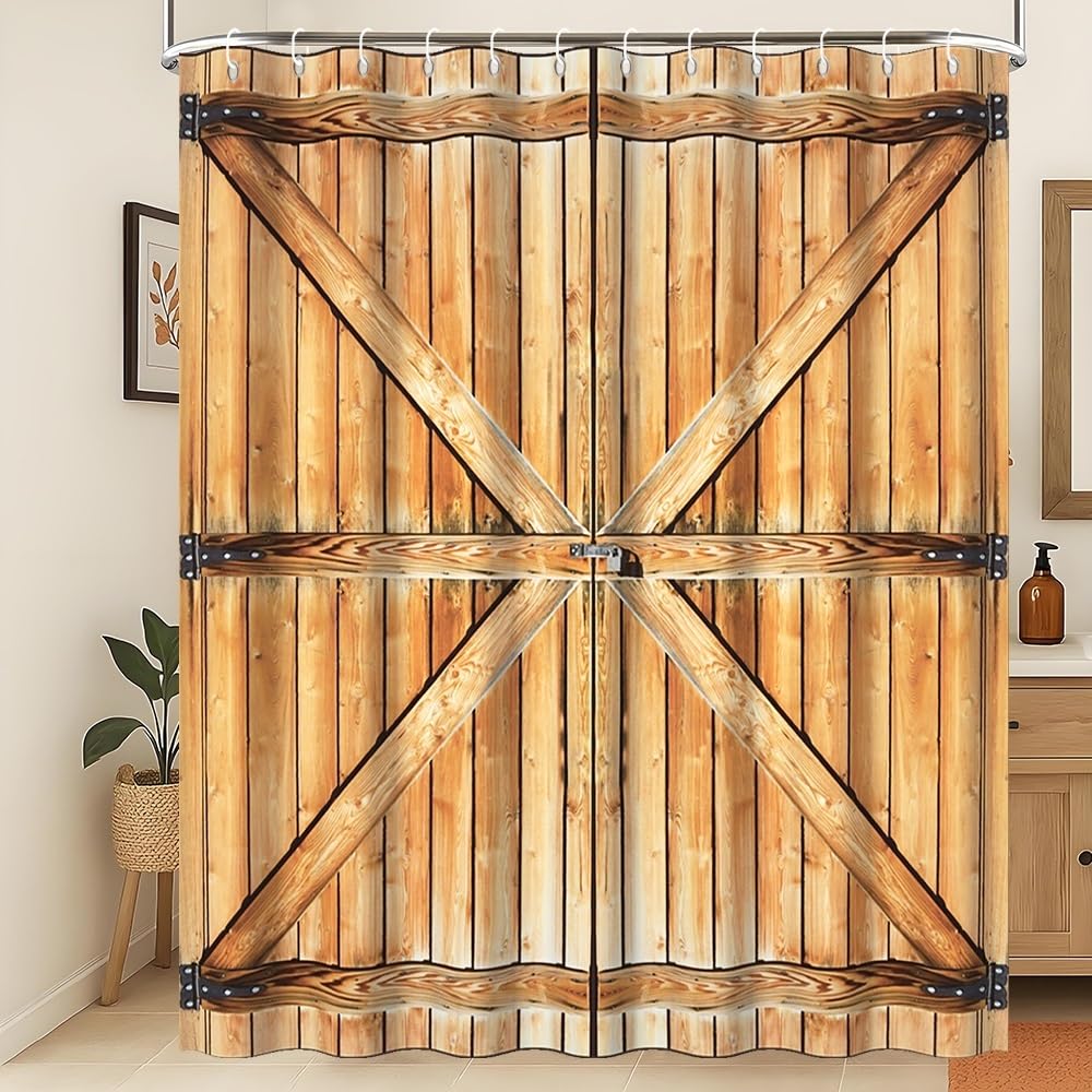 Xiaoterna Rustic Shower Curtain Retro Brown Wooden Door Waterproof Bathroom Curtain Western Country Harvest Farm Barn Machine Washable Mildew