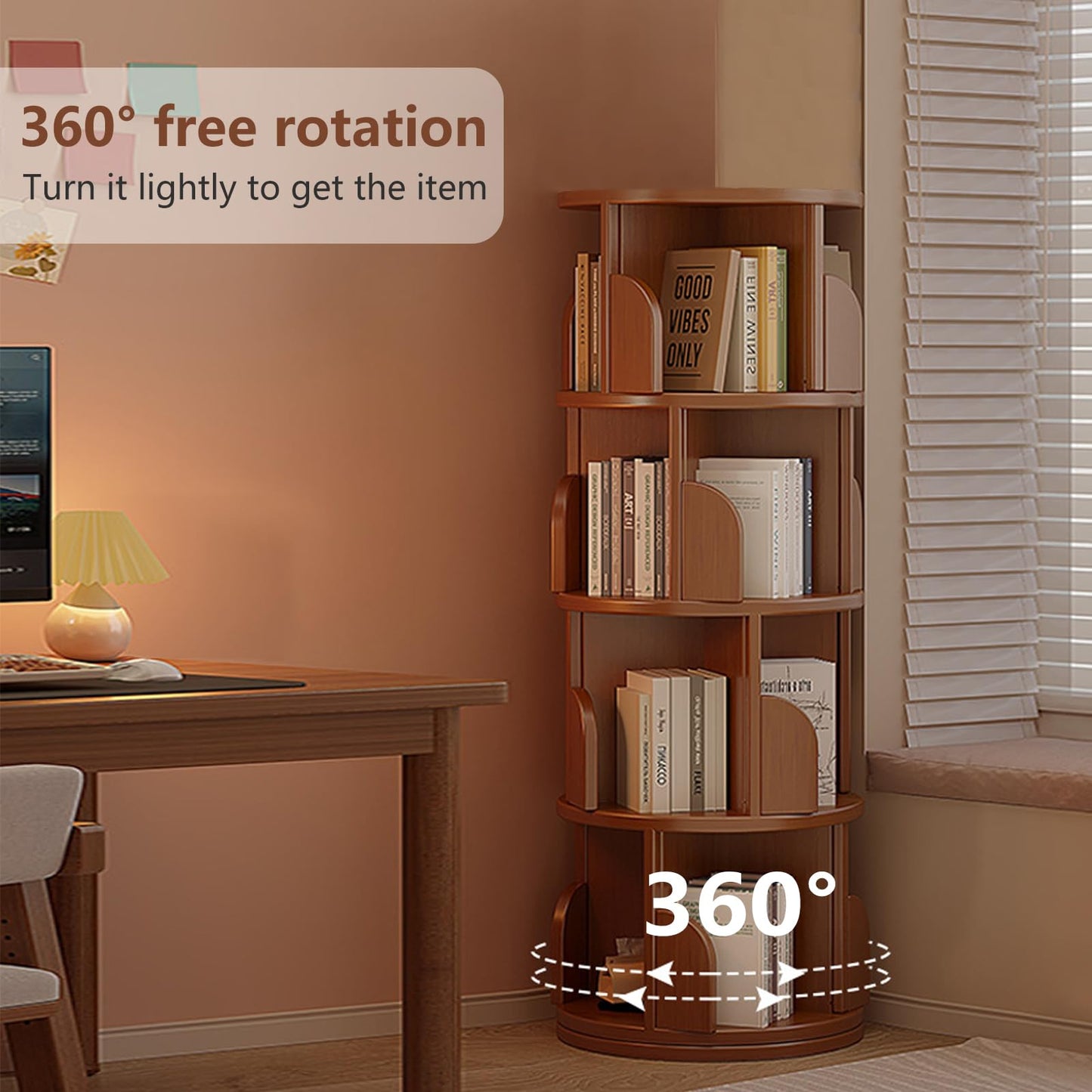 KZOBYD Rotating Bookshelf, Revolving Book Shelf (Brown, H 127 cm)