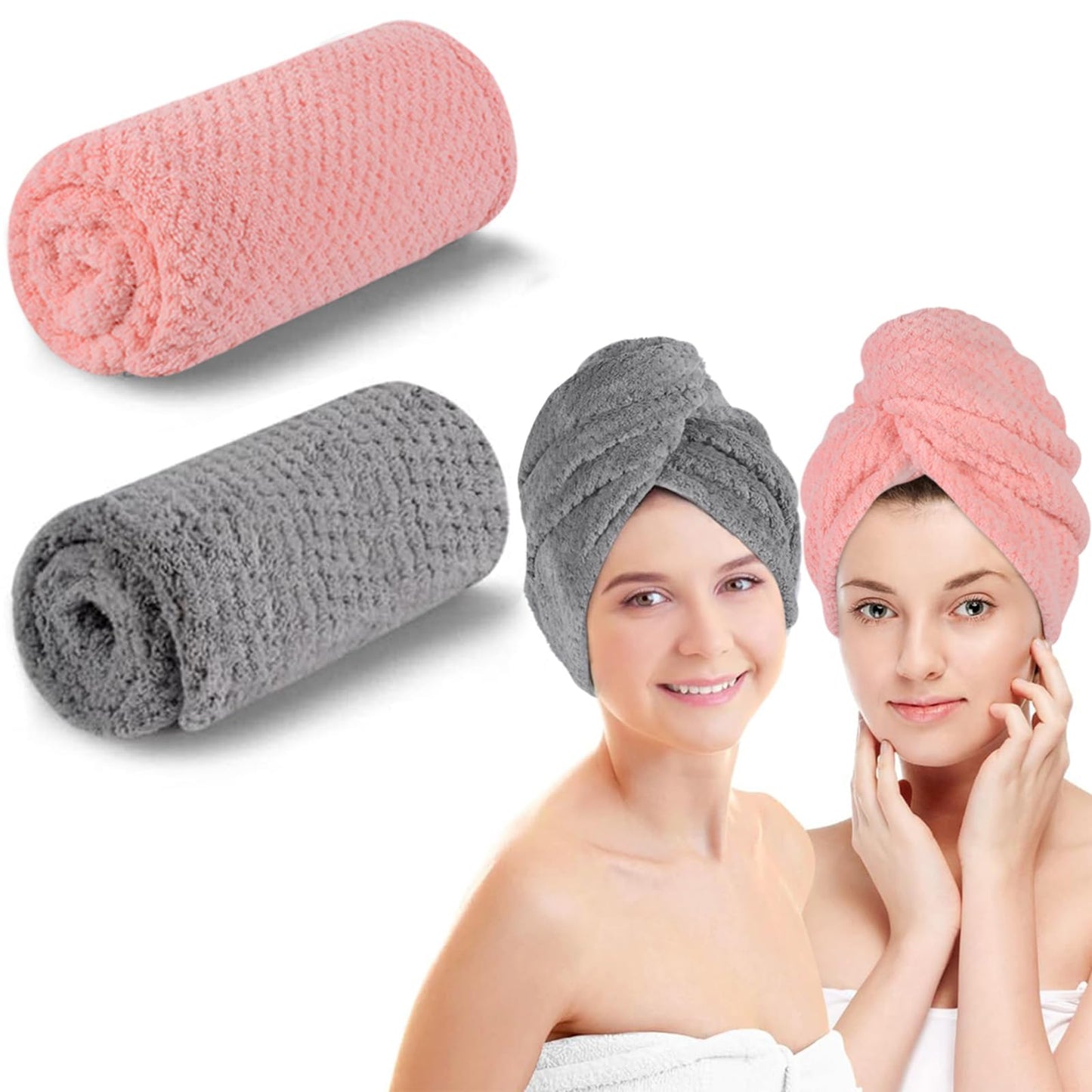 KinHwa Microfibre Hair Towels Wrap Super Absorbent 30x70cm Large Dry Hair Turban for Women Wet Long Thick Hair 2 Pack (Pink+Grey)