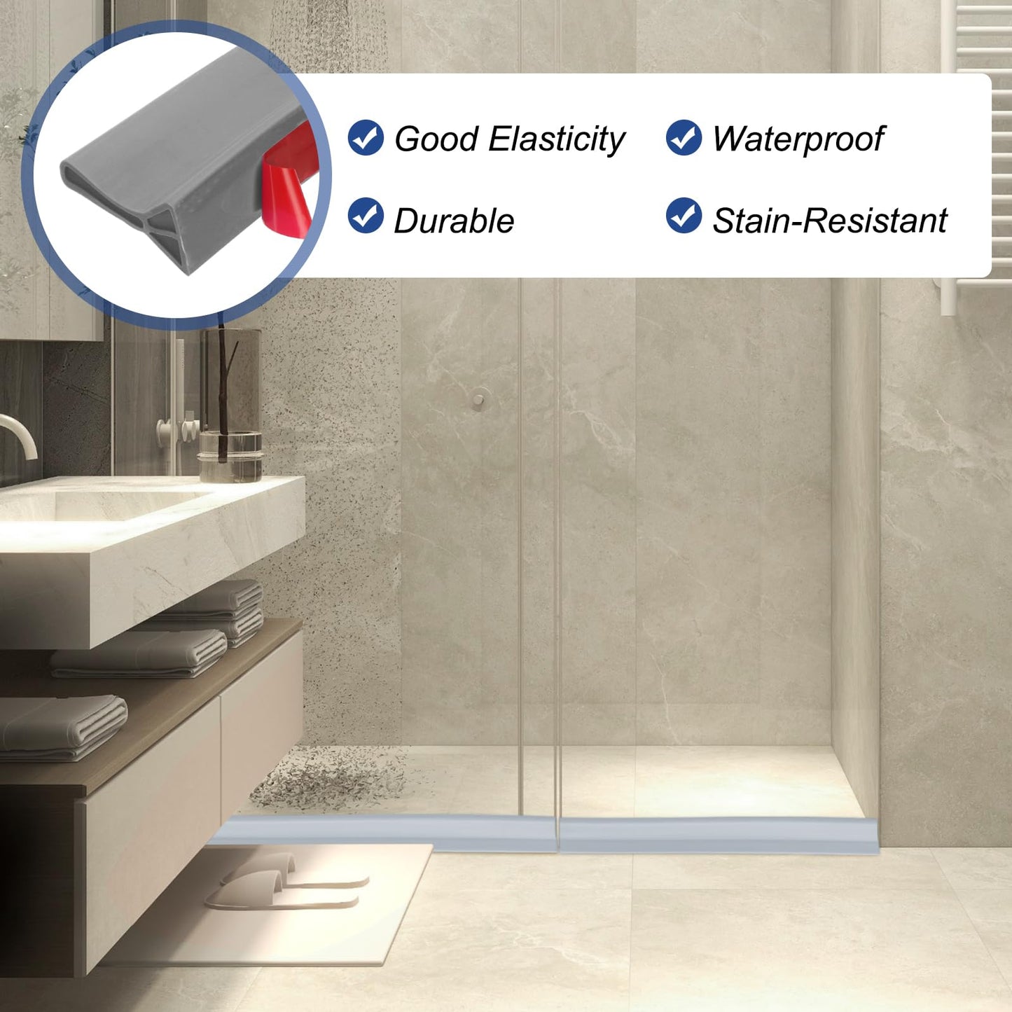 PATIKIL Wet Room Floor Barrier 5cm x 1 Meter, Self Adhesive Shower Threshold Water Barrier Bath Seal Trim Strip for Bathroom Kitchen, Gray