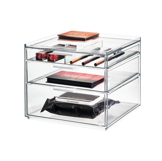 iDesign 3-Drawer Tall Box from the Signature Series by Sarah Tanno, Large Plastic PET Organiser, Makeup Storage, Clear/Matte White, 21 x 20.3 x 17.8