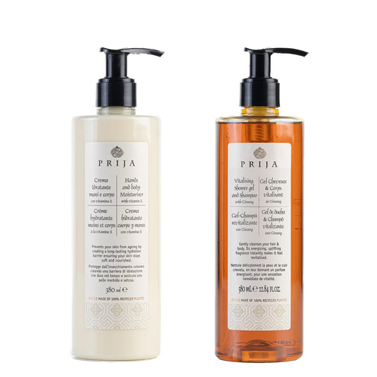 Prija Hands and Body Moisturiser with Vitamin E and Vitalising 2 in 1 Shower Gel and Shampoo with Ginseng Extract Bundle 2 x 380ml