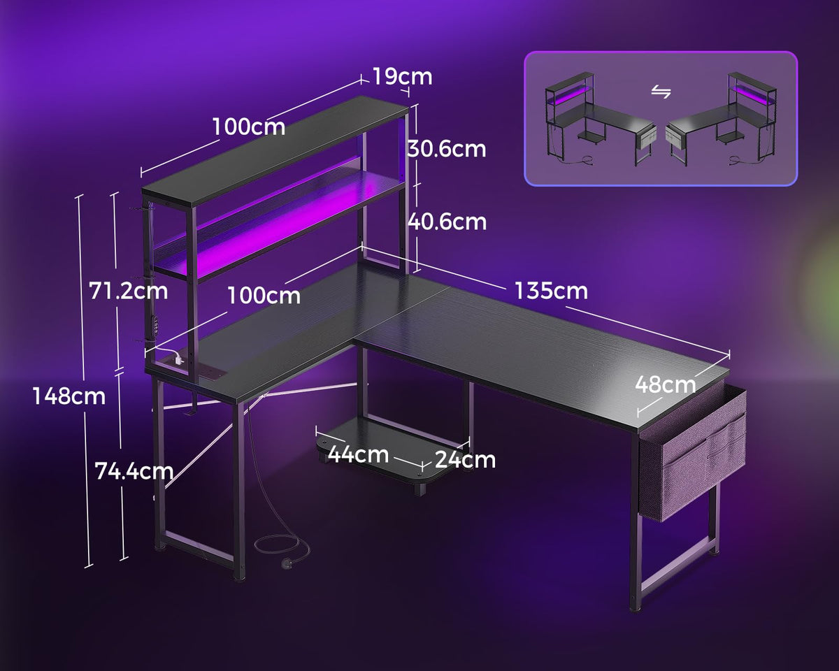 Coleshome L Shaped Gaming Desk with LED Lights & Power Outlet, Black