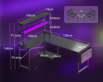 Coleshome L Shaped Gaming Desk with LED Lights & Power Outlet, Black