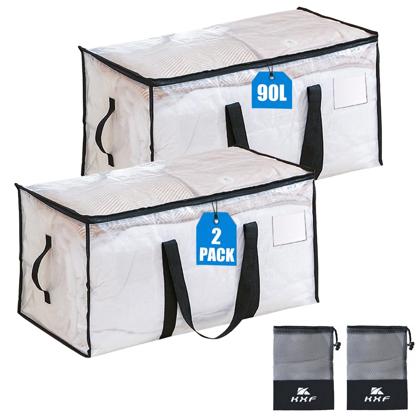 KXF 2 Packs 90L Waterproof Transparent Storage Bag with Drawstring Bag Wardrobe Organiser Foldable Duvet Storage Box with Lid Clothes Storage Moving