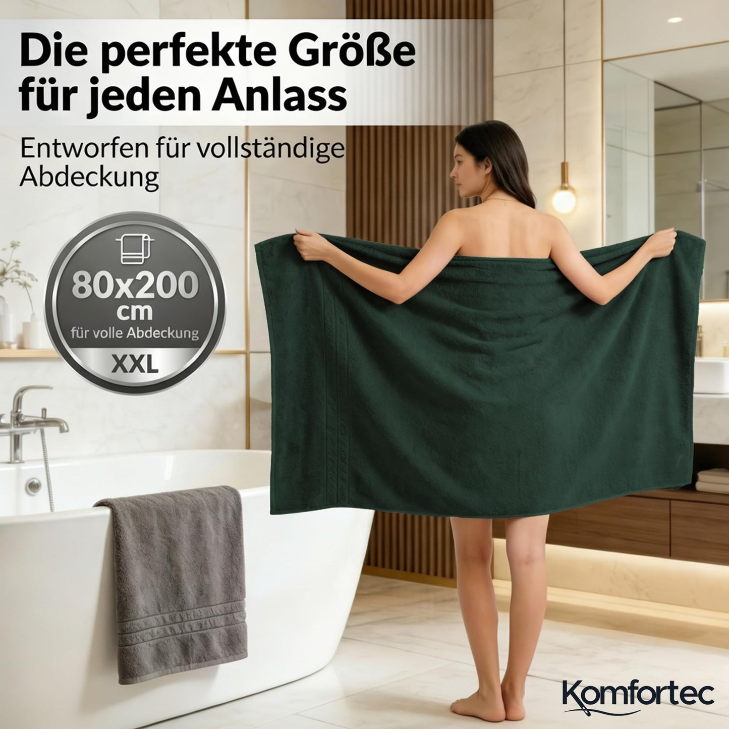 Komfortec Jumbo Bath Towels, 100% Cotton, Quick Dry, 80x200, Grey & Dark Green