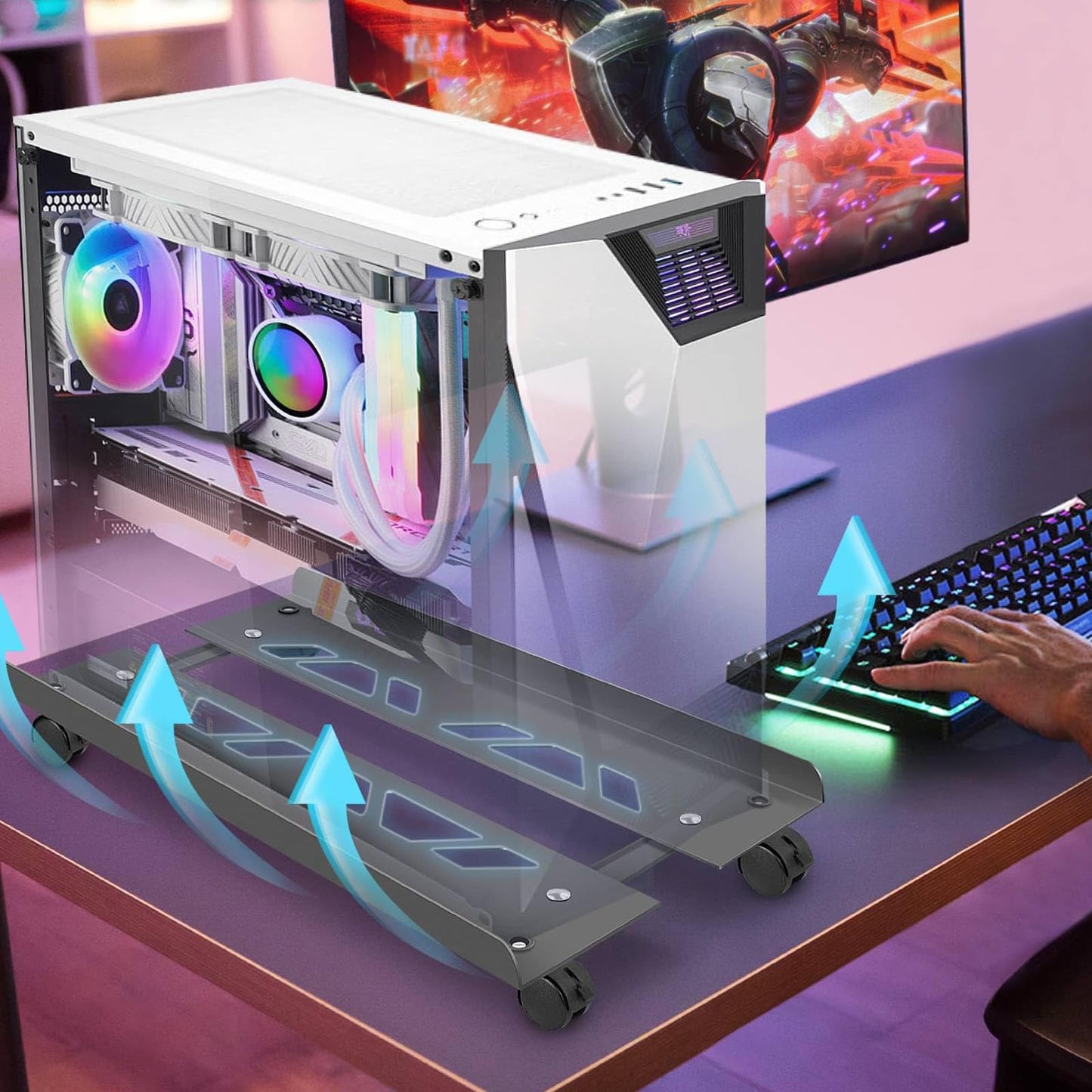 Yumzxin Heavy-Duty Steel Computer Tower Stand with Lockable Wheels- Adjustable Width 20-26cm, Universal PC Case Holder for Gaming/Office Desktops