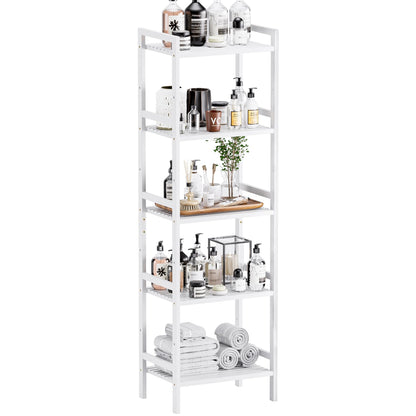HITNET White Bamboo Bookshelf, Tall Narrow Bookcase 5-Tier Freestanding Bathroom Storage Shelf