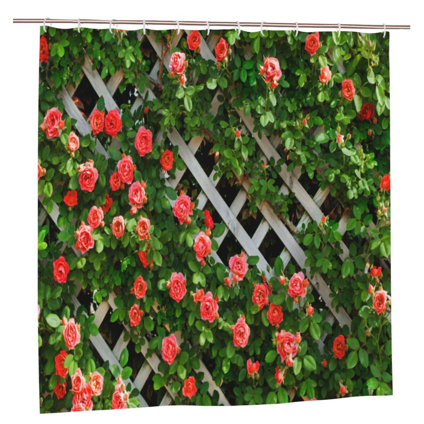 Newhomestyle Summer Outdoor Roses Garden Shower Curtain, Rustic Decor Red Flower on Fence, Spring Waterproof Bath Curtain, Farmhouse Bathroom Decor