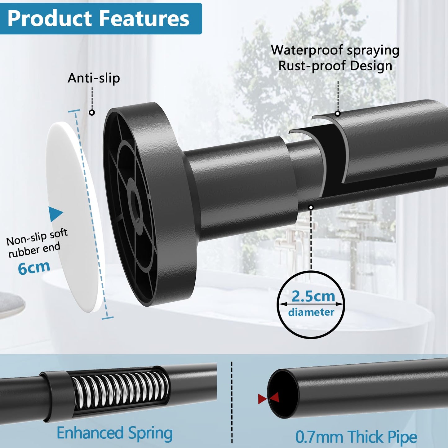 WELDUN Extendable Shower Curtain Tension Rod 48-154CM No Drill Rod