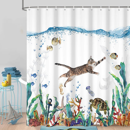 GCIREC Shower Curtain, 180x180cm, Abstract Cute Cat Funny Kitten Swimming in Ocean Tropical Sea Turtle Starfish Waterproof Fabric Machine Washable