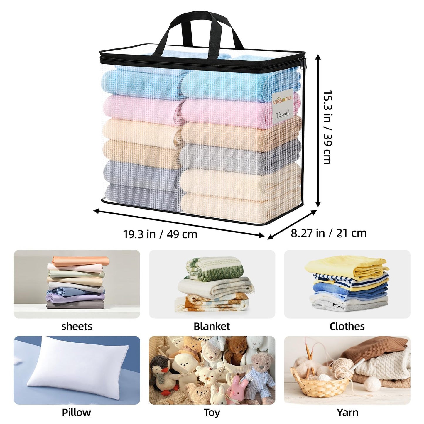 Vieshful 6 Pack Clear Storage Bags with Label, 40L Foldable PVC Mesh, Black