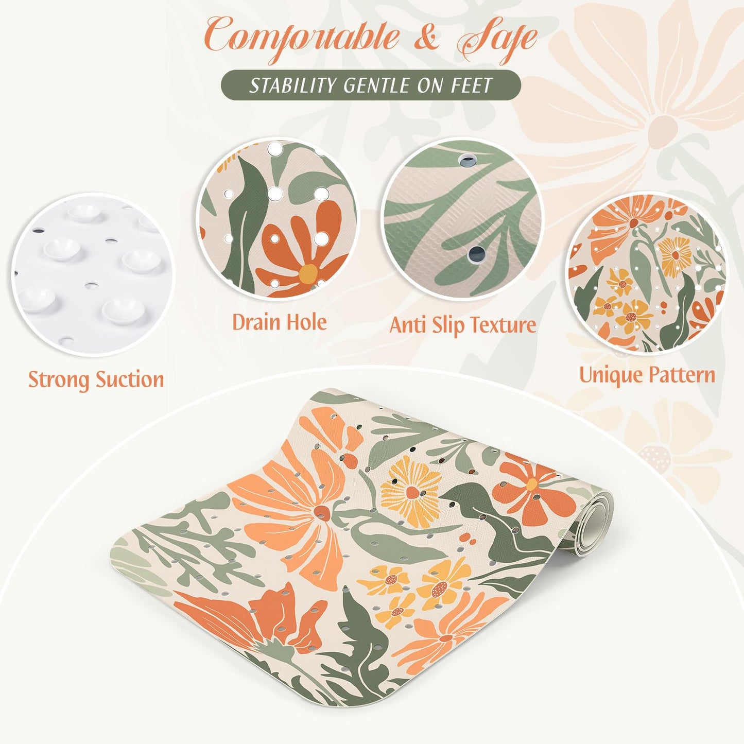 SHUCHING Retro Orange Flowers Bath Mat Non Slip Anti Mould, 100 X 40 cm Extra Long Bathtub Mat Anti Slip