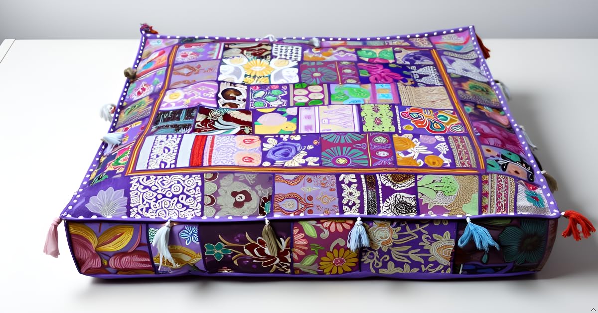CRAFT KALA Indian Square Patchwork Traditional Pouf Cover Indian Living Room Poufs Decorative Embroidered Designer Ottoman Home Footstool Chair Cover
