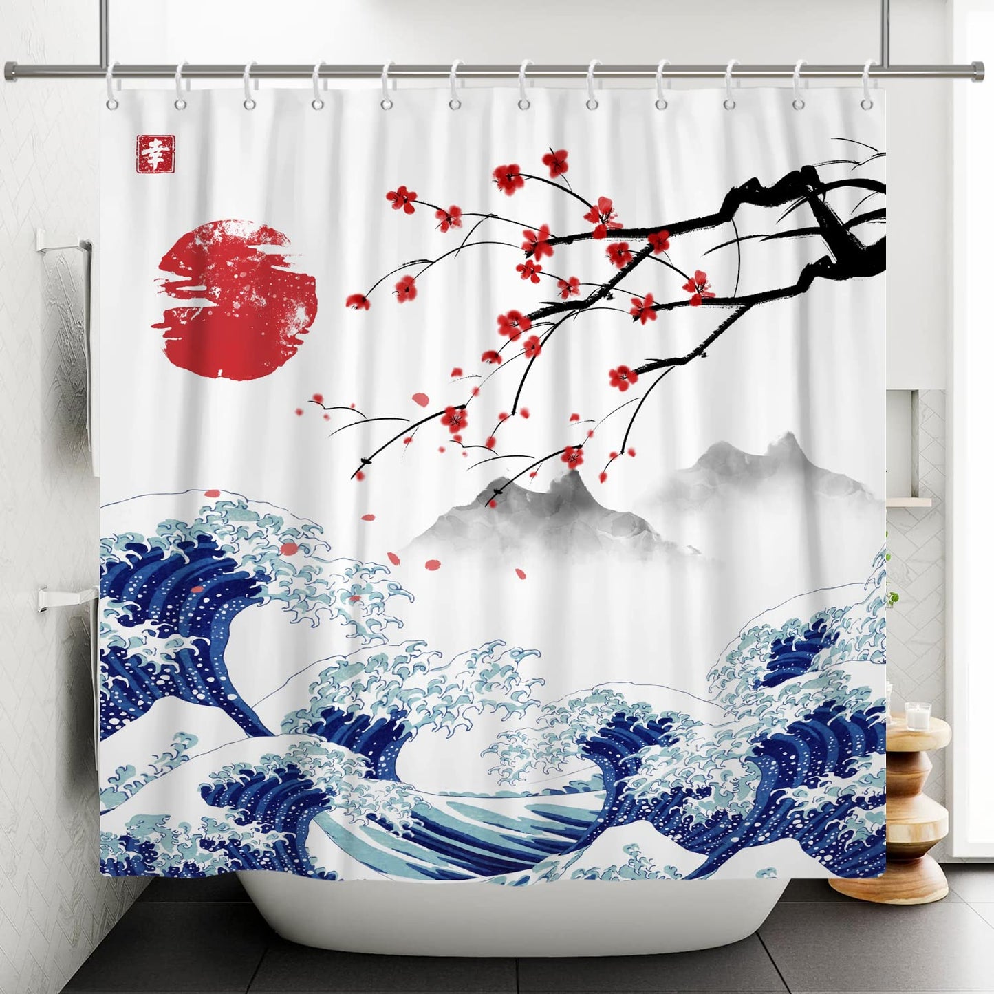 SDOTPMT 180x198cm Japanese Mount Fuji Shower Curtain Cherry Blossom Sunset Asian Ink Painting Bath Curtain Wave Landscape Painting Bathtub Curtain