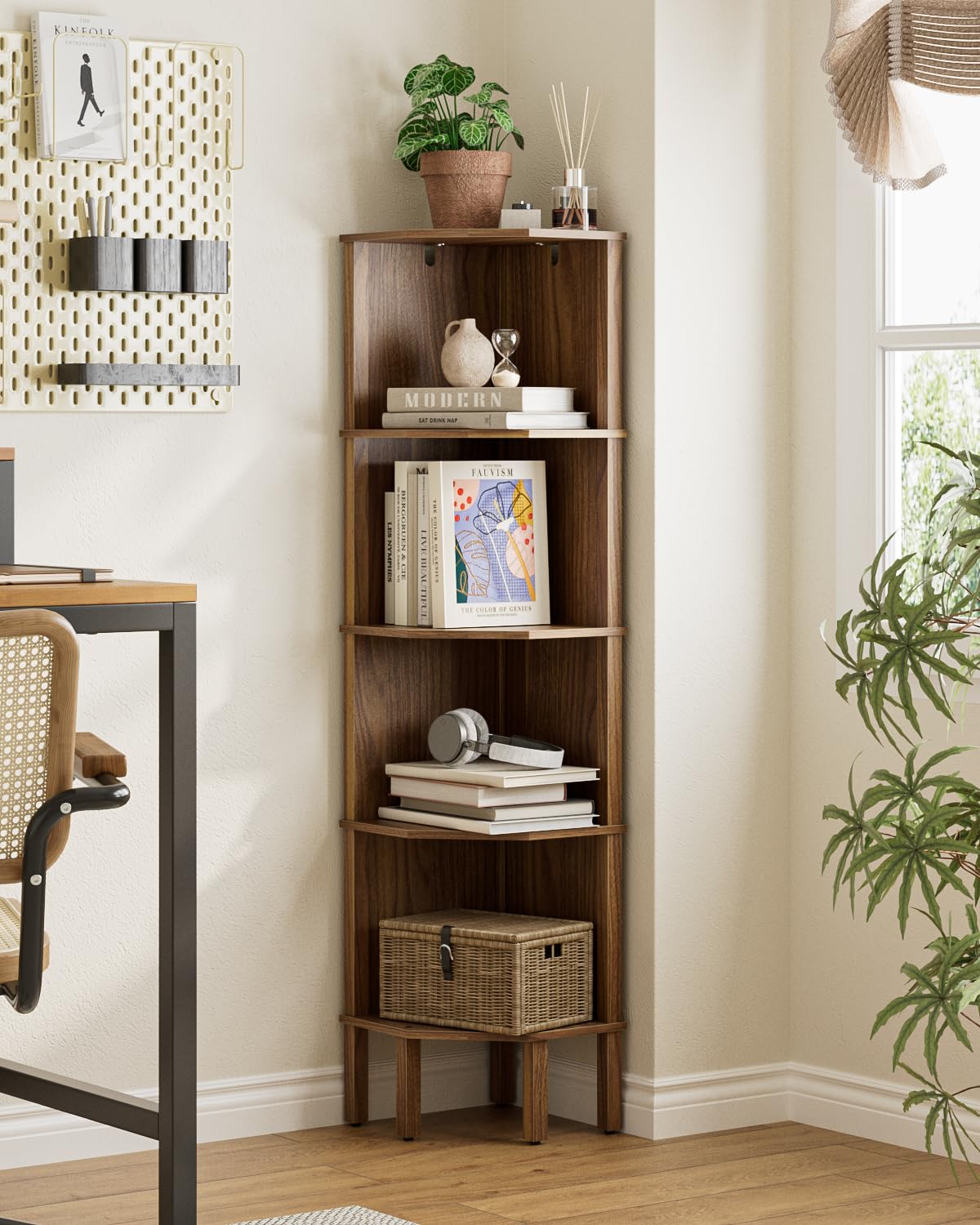 Apetaccat Corner Shelf, 4 Tier Corner Modern Corner Bookshelf, Display Corner Bookshelf,Wooden Storage Rack for Living Room,Bedroom,Office,Walnut