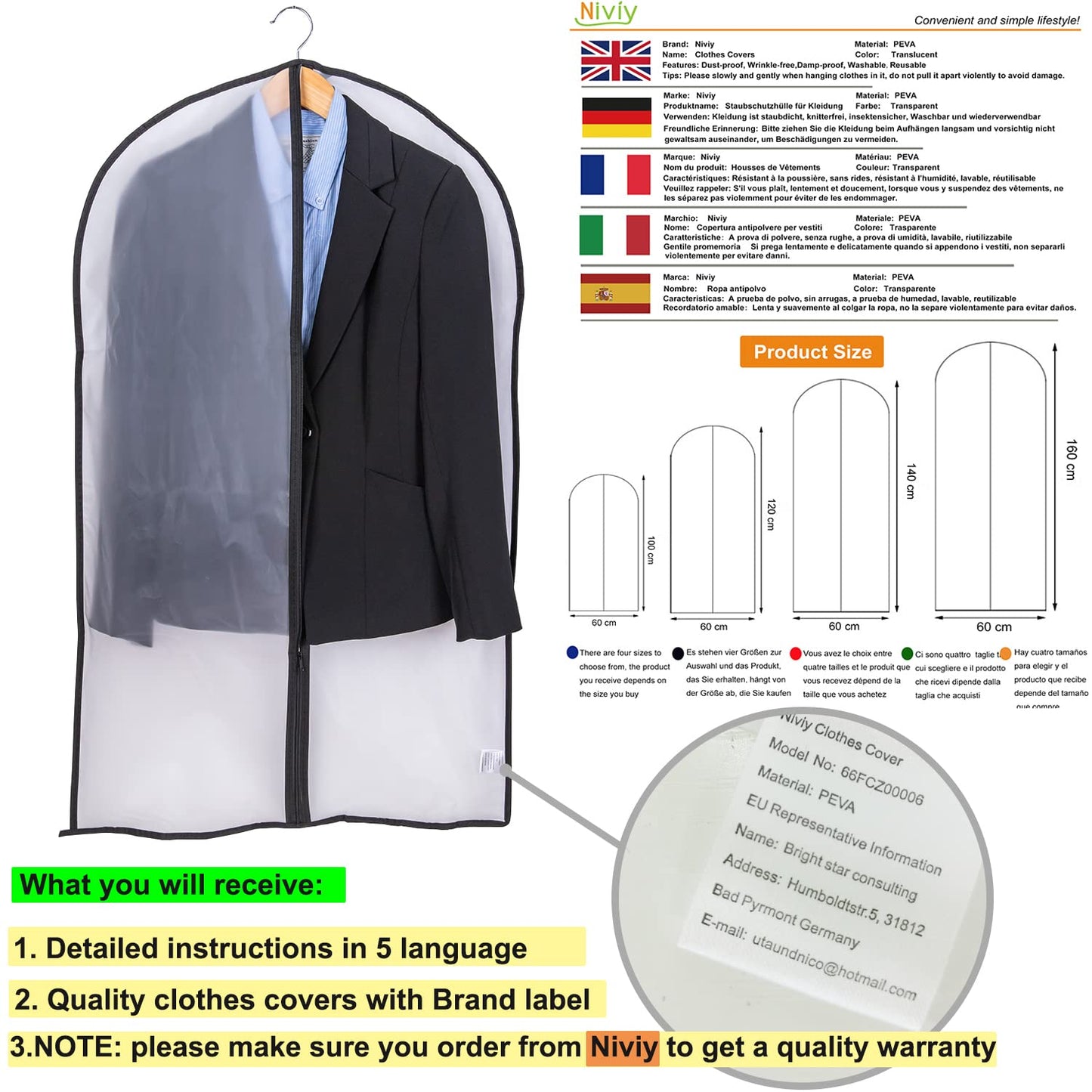 Niviy Garment Bags 60 x 100 cm, PEVA Clothes Covers with Zip, 12 Pack