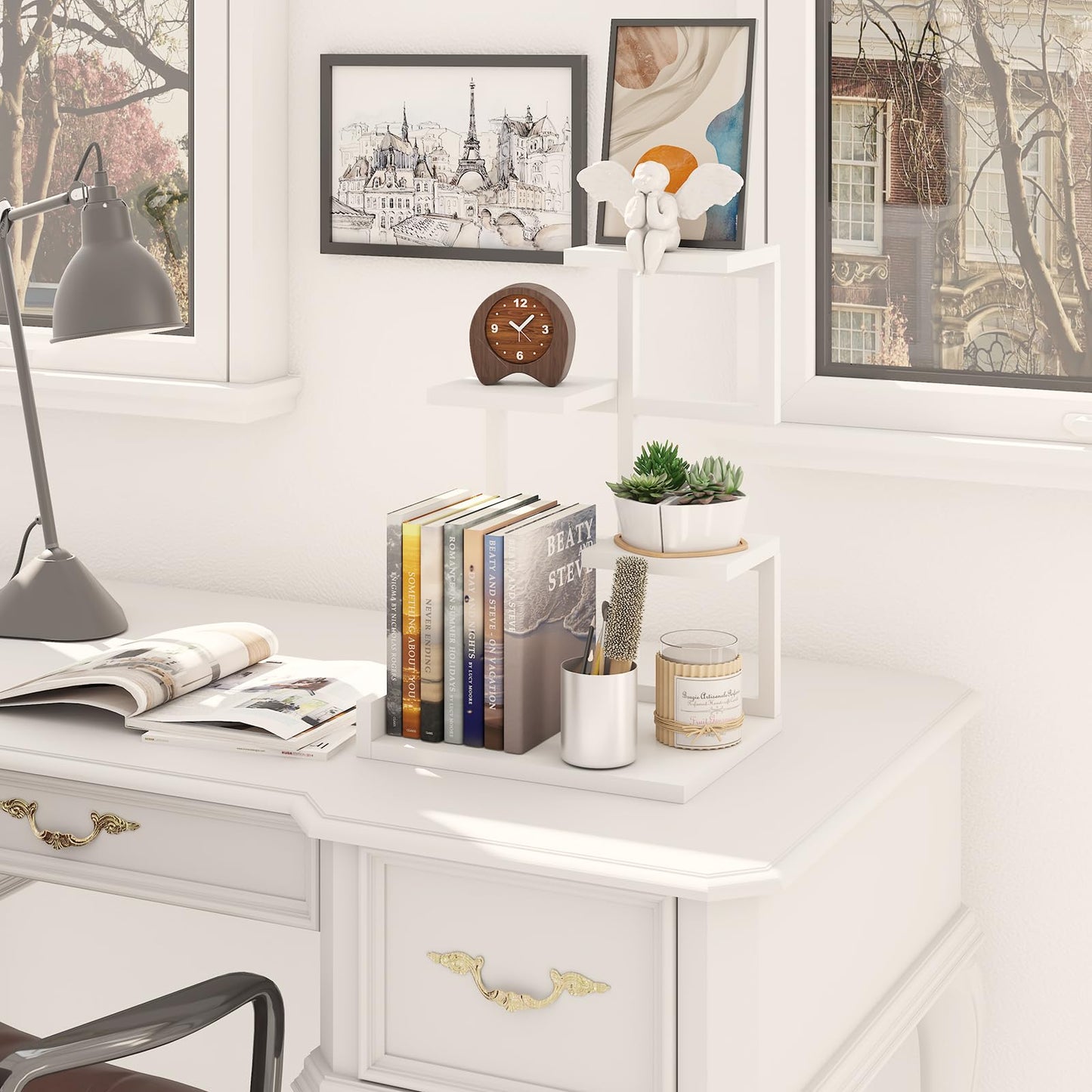 YMYNY Desktop Shelf Organizer 4 Tier Storage Display Rack White HSR007W