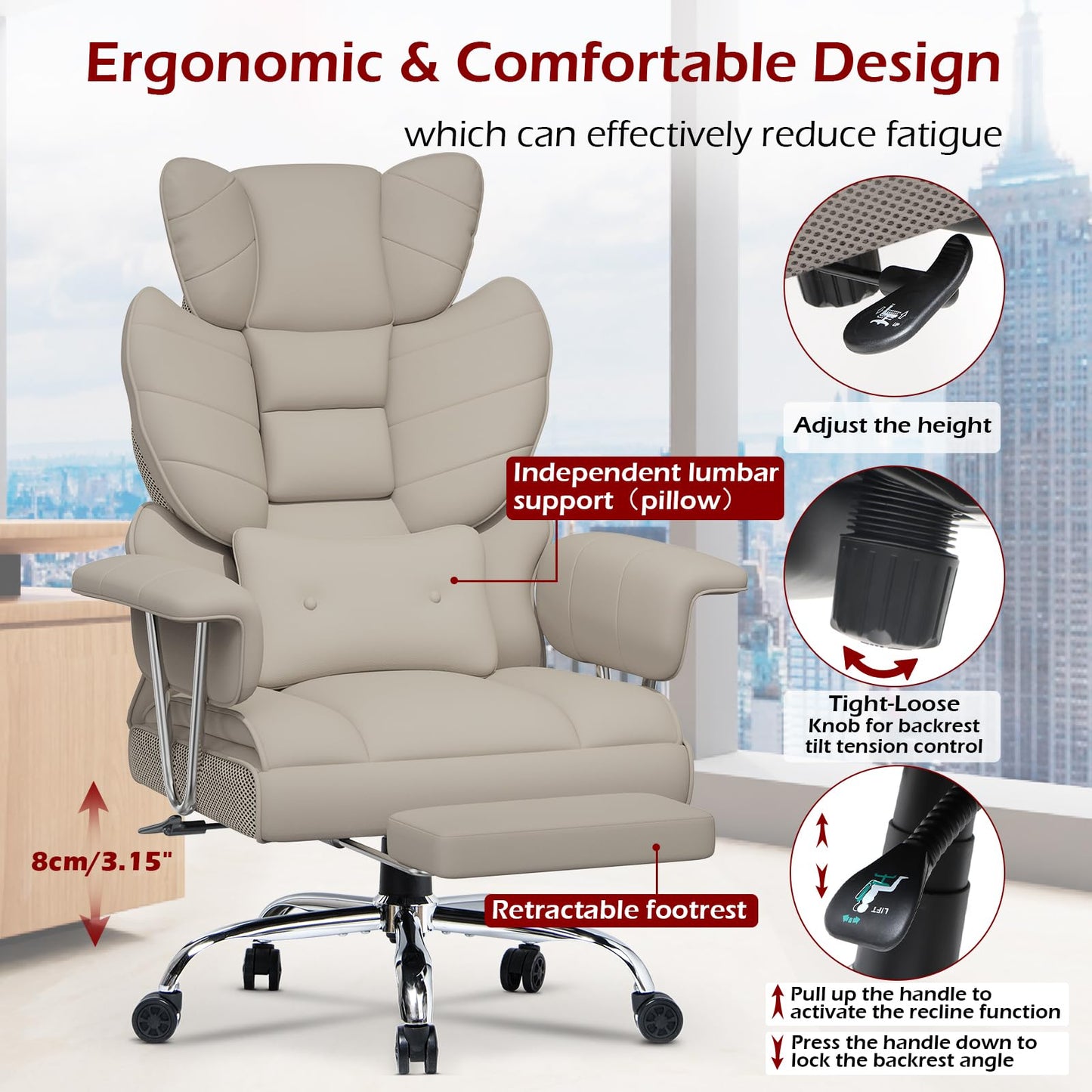 naspaluro High Back PU Leather Ergonomic Computer Recliner, Big Tall Executive Desk Office Chair with Armrests/Footrest