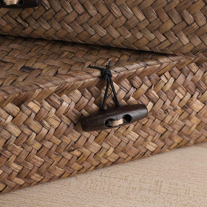Sumnacon Set of 2 Seagrass Storage Basket Handmade Weave Hamper Wicker Box Chest with Lid & Lock Coffee