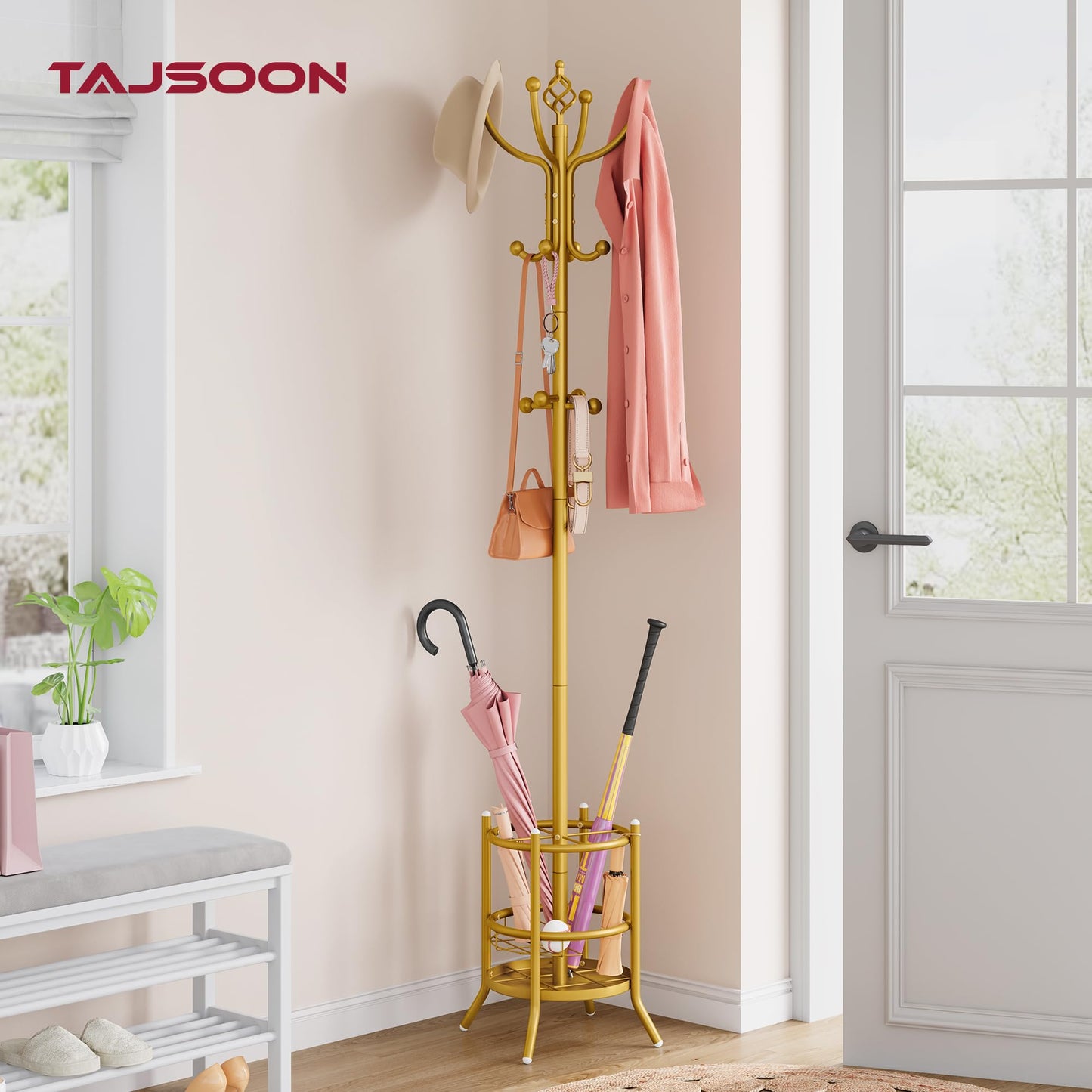 Tajsoon Coat Rack with Umbrella Holder, Coat Tree With 16 Hooks, Gold