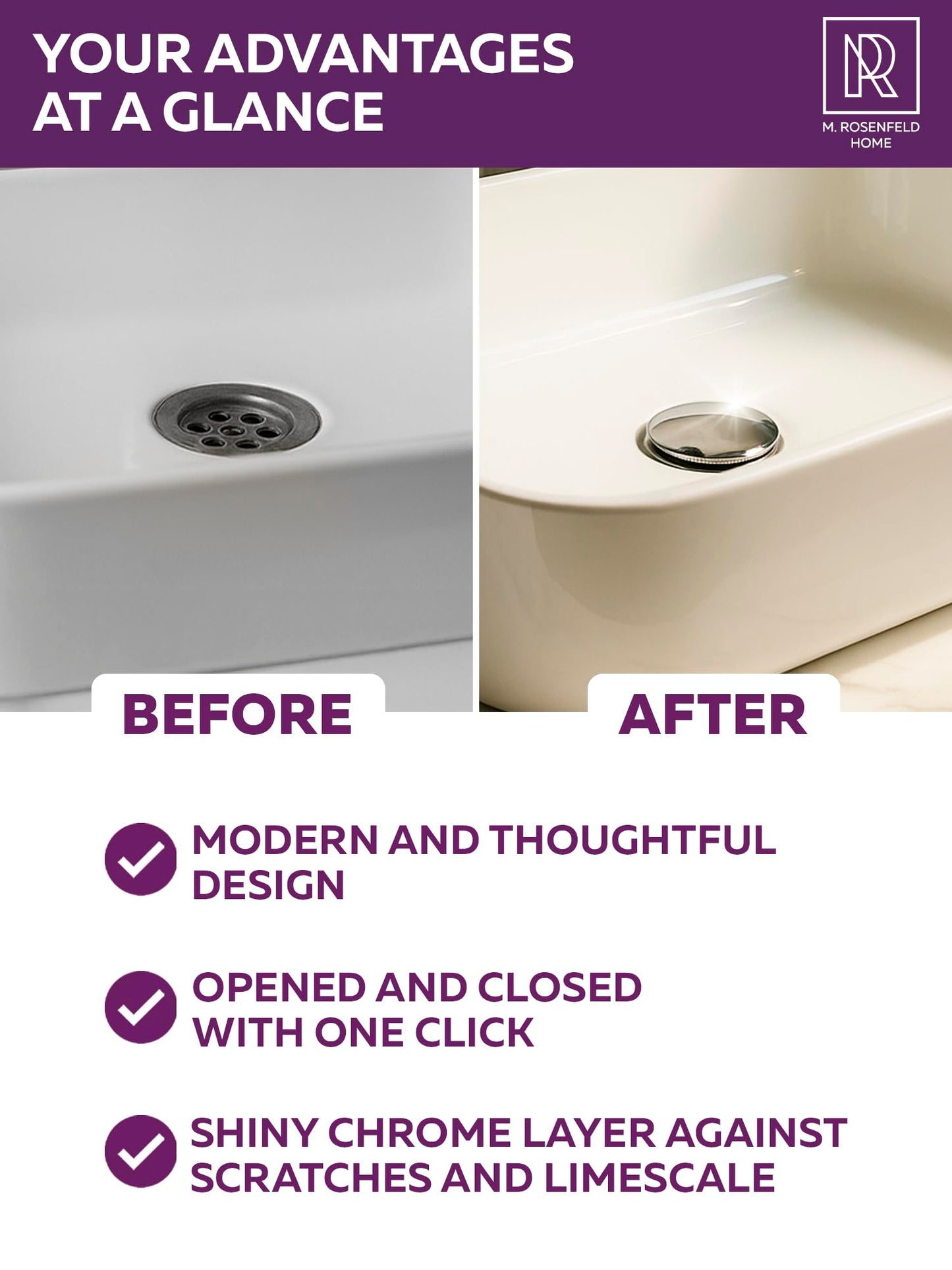 M. ROSENFELD HOME Click Clack Basin Waste - Pop Up Waste for Bathroom Sink Waste Kit with Overflow - Chrome