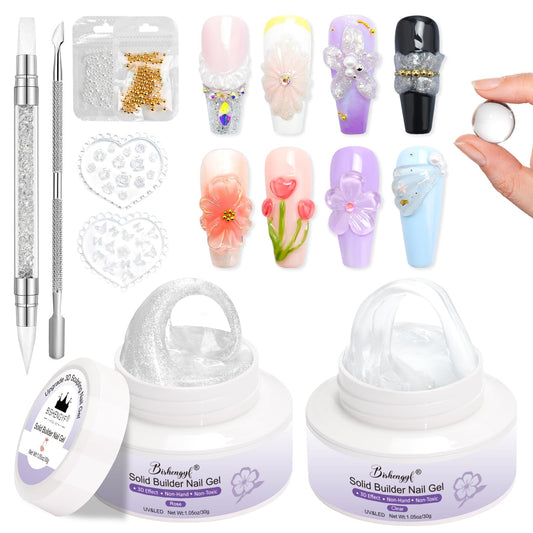 BISHENGYF 30g 3d Nail Gel,2 Pcs Clear Mermaid Pearl 3d Gel for Nails,No Stick Solid Builder Ge l for Nail Extension Carving With 3d Silicone Mold,3d