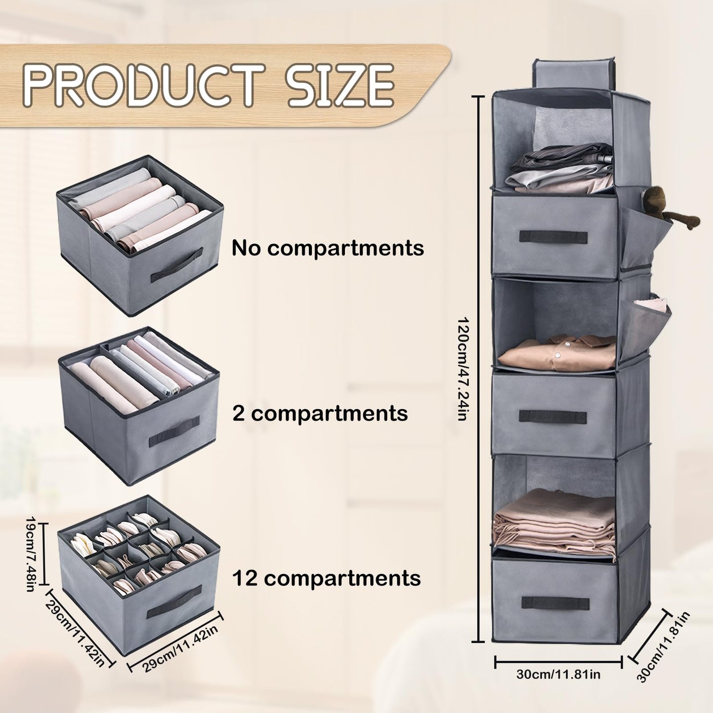 Chostky 6-Shelf Hanging Storage Organiser with 3 Removable Drawers, 6 Shelves Hanging Storage Shelves