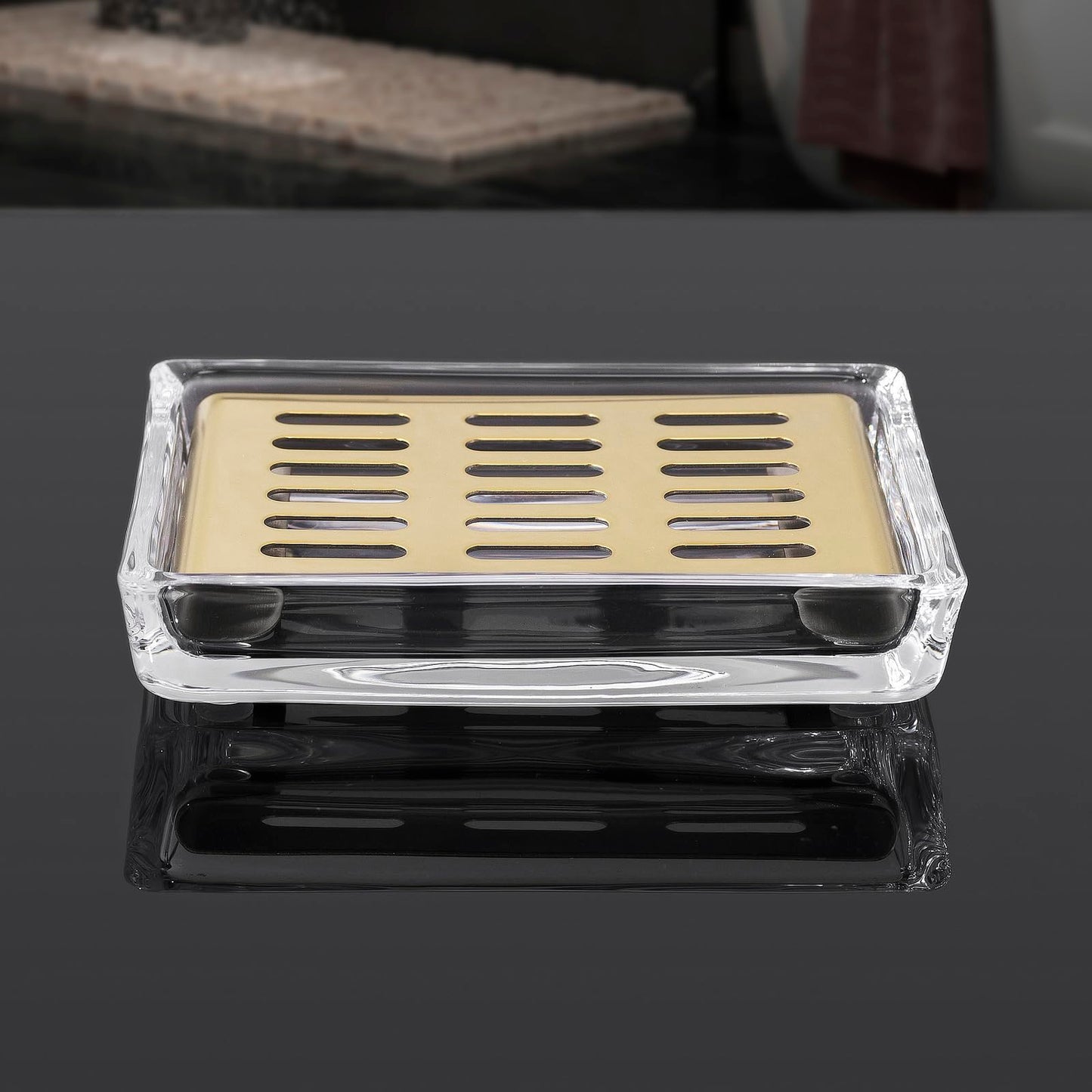 Glass Soap Dish (11.3 x 8.5 x 2.4cm) Stainless Steel Soap Holder for Bathroom and Shower Double Layer Draining Soap Box (Gold tray)