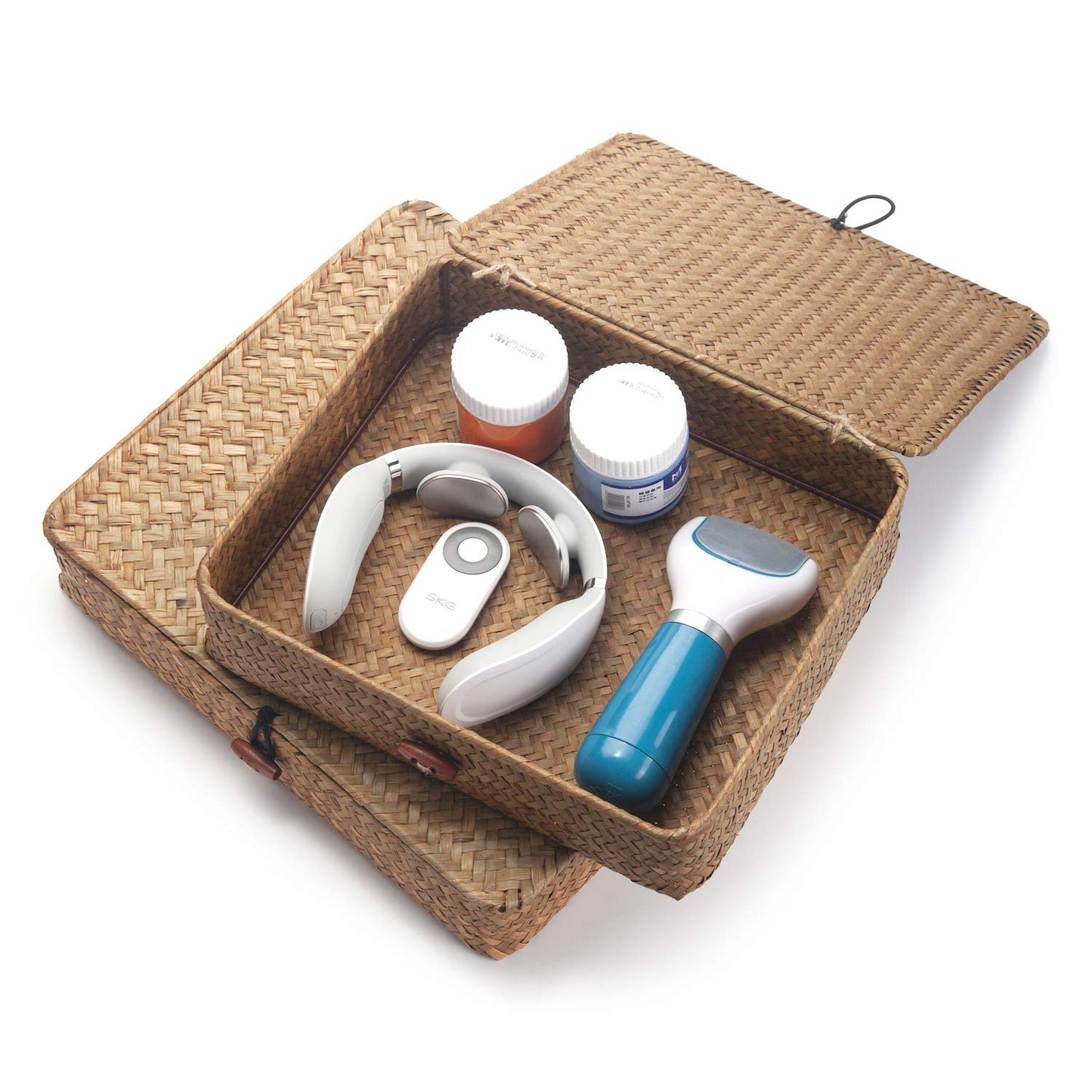 Seagrass Storage Box with Lids Rectangular Organization Wicker Shelf Baskets Natural Woven Stackable Set of 2 (Large+Small)