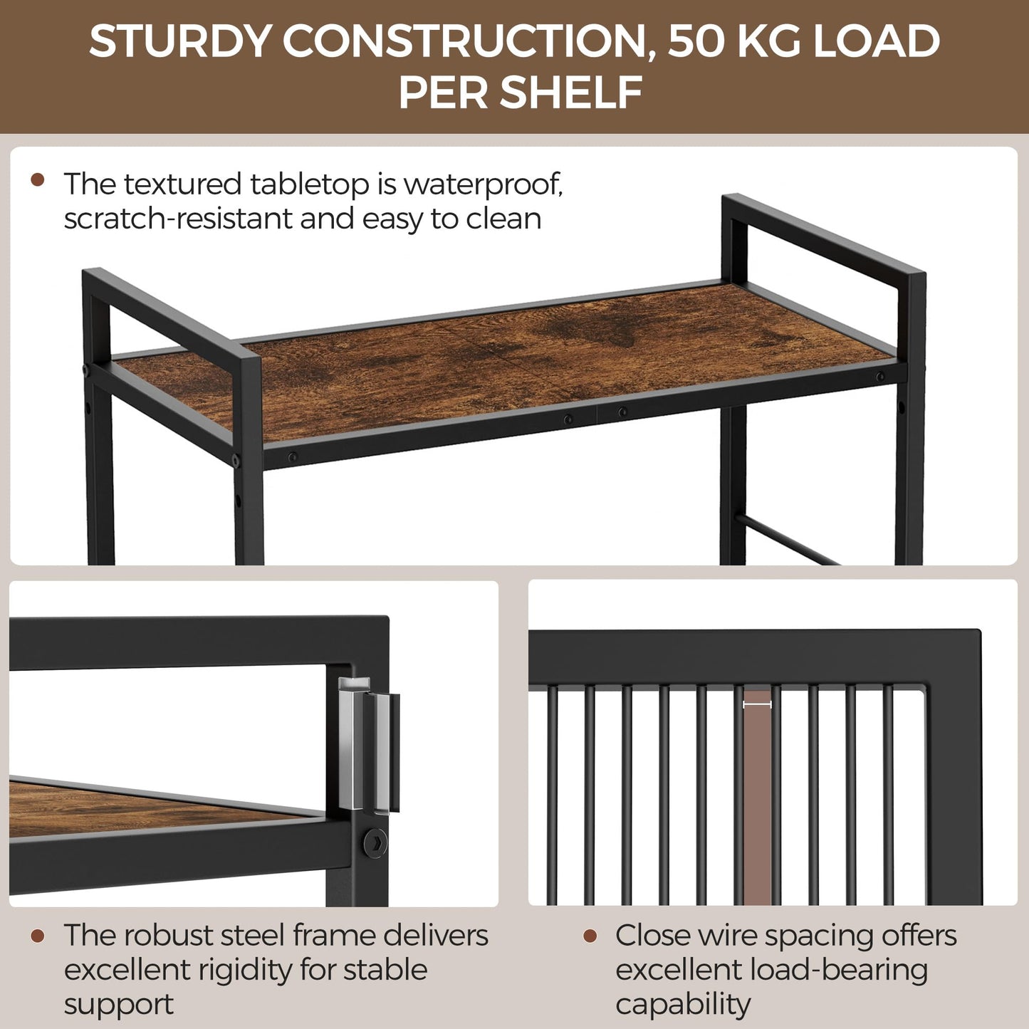 3-Tier kitchen trolley,Brown Wood Top,60W×30Dcm,4 Hooks, Adjustable Shelves
