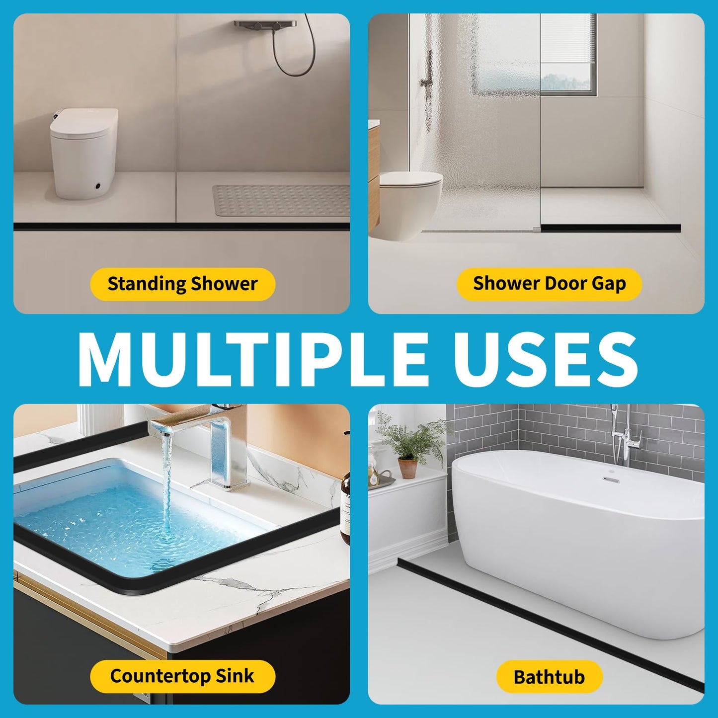 DLYYPLUS 1.7M Wet Room Floor Barrier, Self-Adhesive Silicone Shower Splash Guard, Shower Threshold Water Dam Barrier Keeps Water Inside Threshold Dry