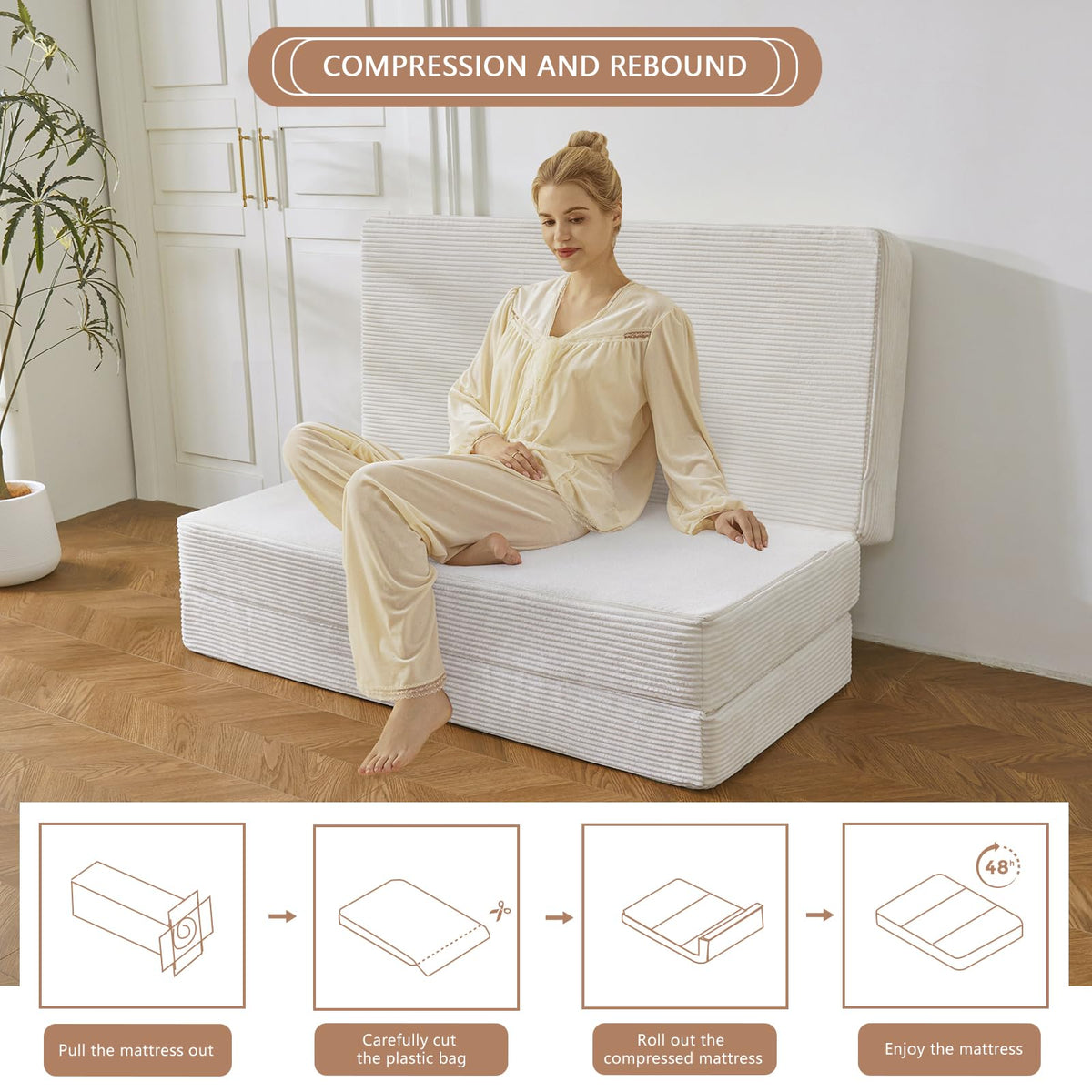 MAXYOYO Folding Corduroy Mattress, Tri Fold Floor Mattress 10cm thick with Washable Cover,Foldable in Three,Space-Saving for Guest Beige, Single