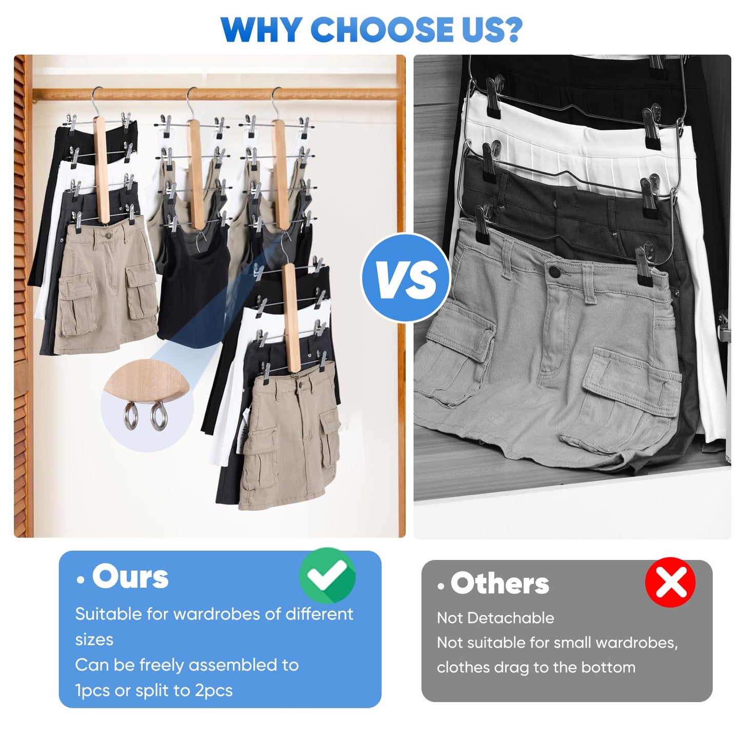 VANZAVANZU Trouser Hangers with Clips Space Saving Pant Hangers, 2 Pack 4 Tier Wooden Pole Skirt Hangers Clip Hangers