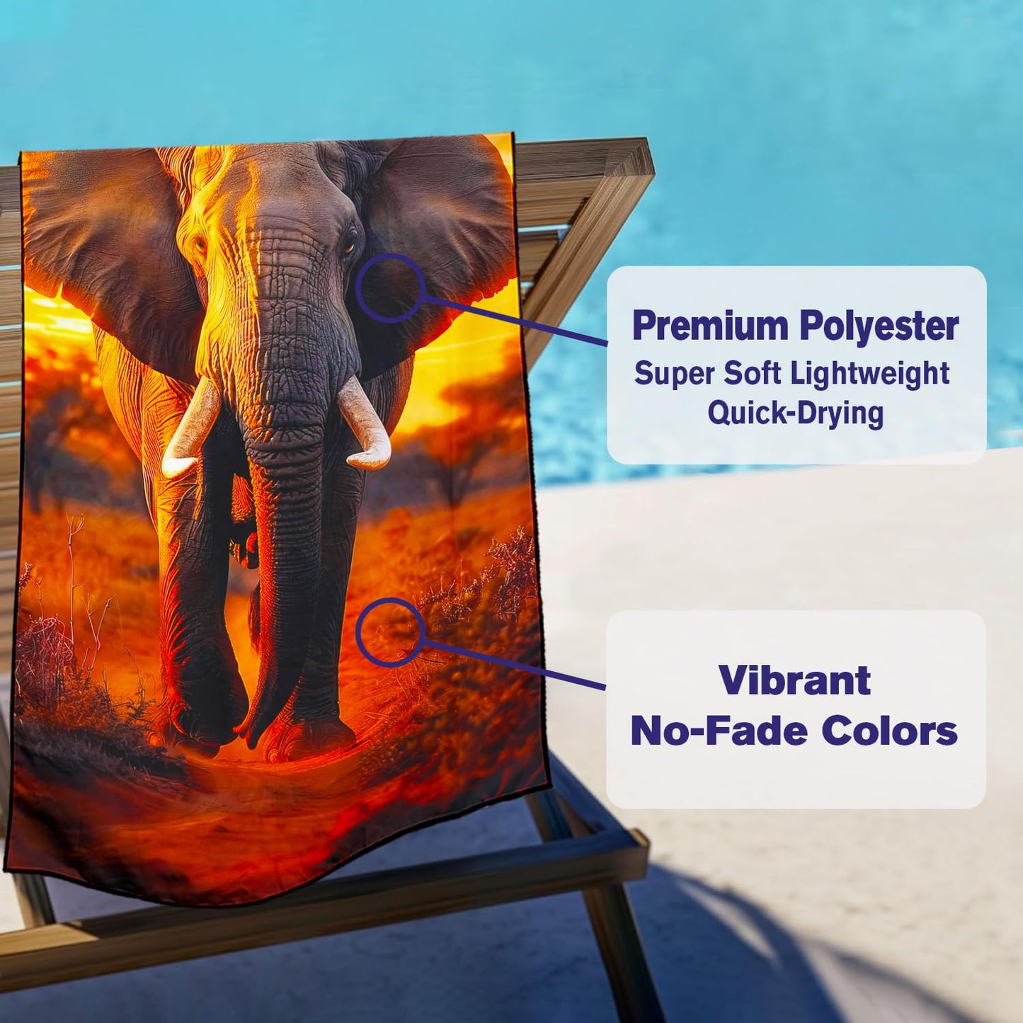 Violetpos Sunset Elephant Beach Towel, Extra Large 180x90 cm 250GSM Microfibre, Sand Free Quick Dry