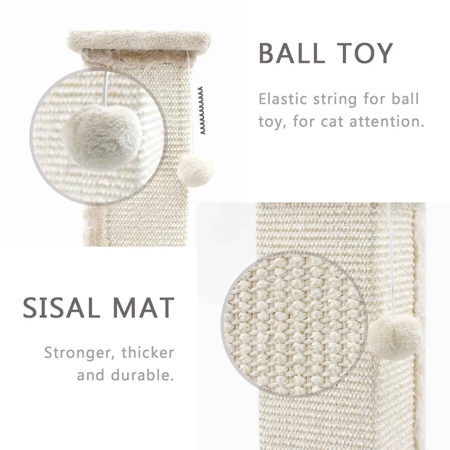 SONGWAY Tall Cat Scratching Post - Natural Sisal Cat Scratcher with Teasing Toy Ball and Covered with Soft Plush, Scratch Toy for Cats Kittens, Beige