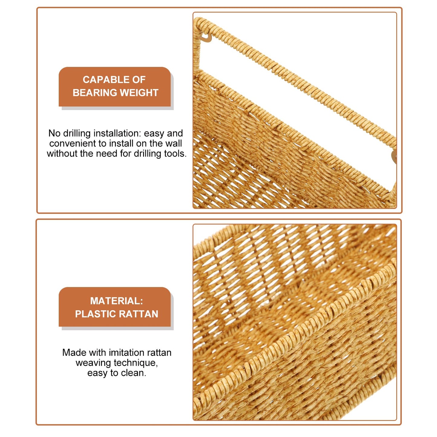 MUCKLILY Imitation Rattan Woven Storage Basket with Handle and Adhesive Hook Bathroom and Kitchen Organizer Space-Saving Single-Layer Design for
