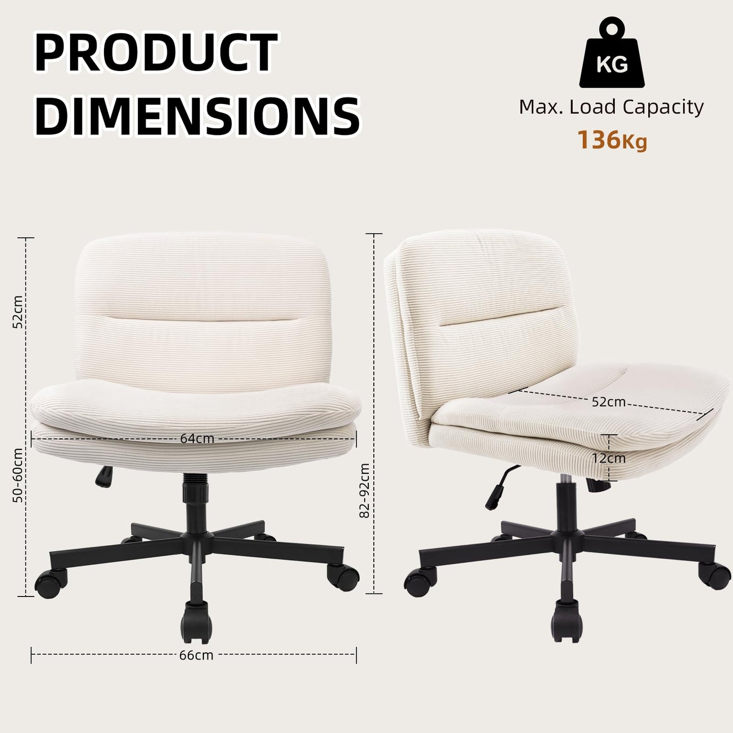 Durrafy Cross Legged Office Chair, Criss Cross Chair with Wheels, Armless Wide Seat Desk Chair, Double Layer Cushion