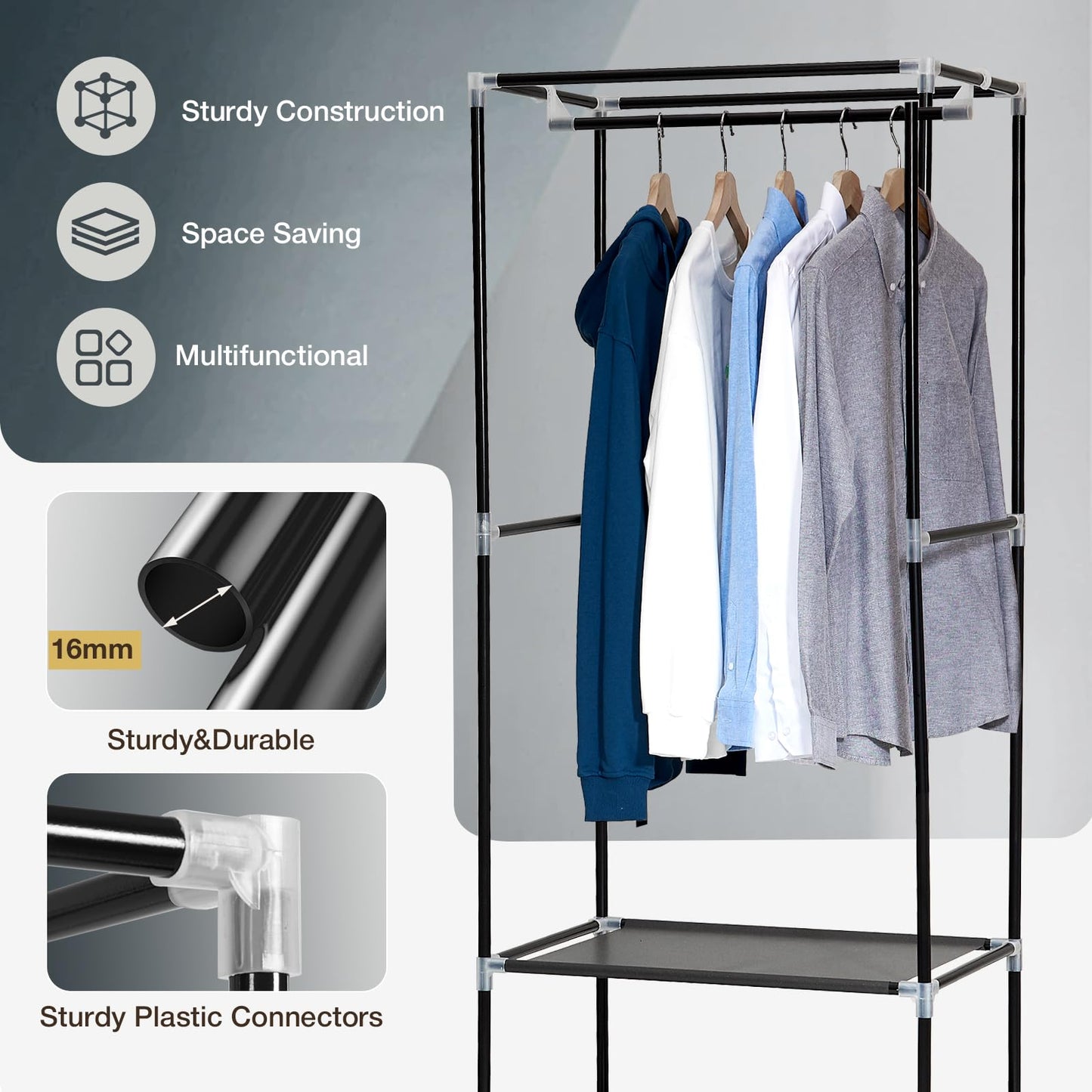 Single Canvas Wardrobe with 2 Drawers and Hanging Rail 160 x 59 x 43CM