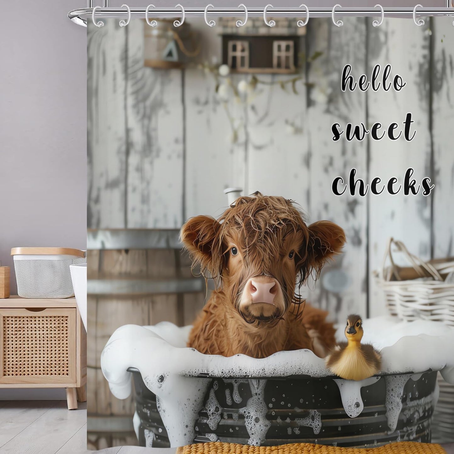 Hnmdmyi Funny Highland Cow Shower Curtain 120x200, Farmhouse Western Animal Cattle Duck Bathing in Bubbly Bathtub Bathroom Curtains Waterproof