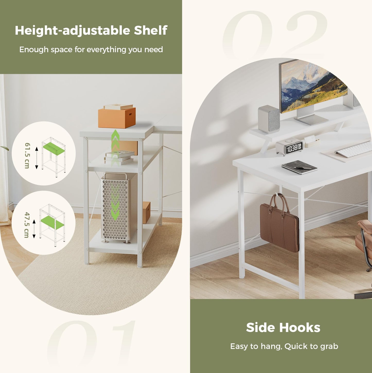Mericonia Reversible Corner Desk, w. Led & Power Outlets, 140x70cm, White