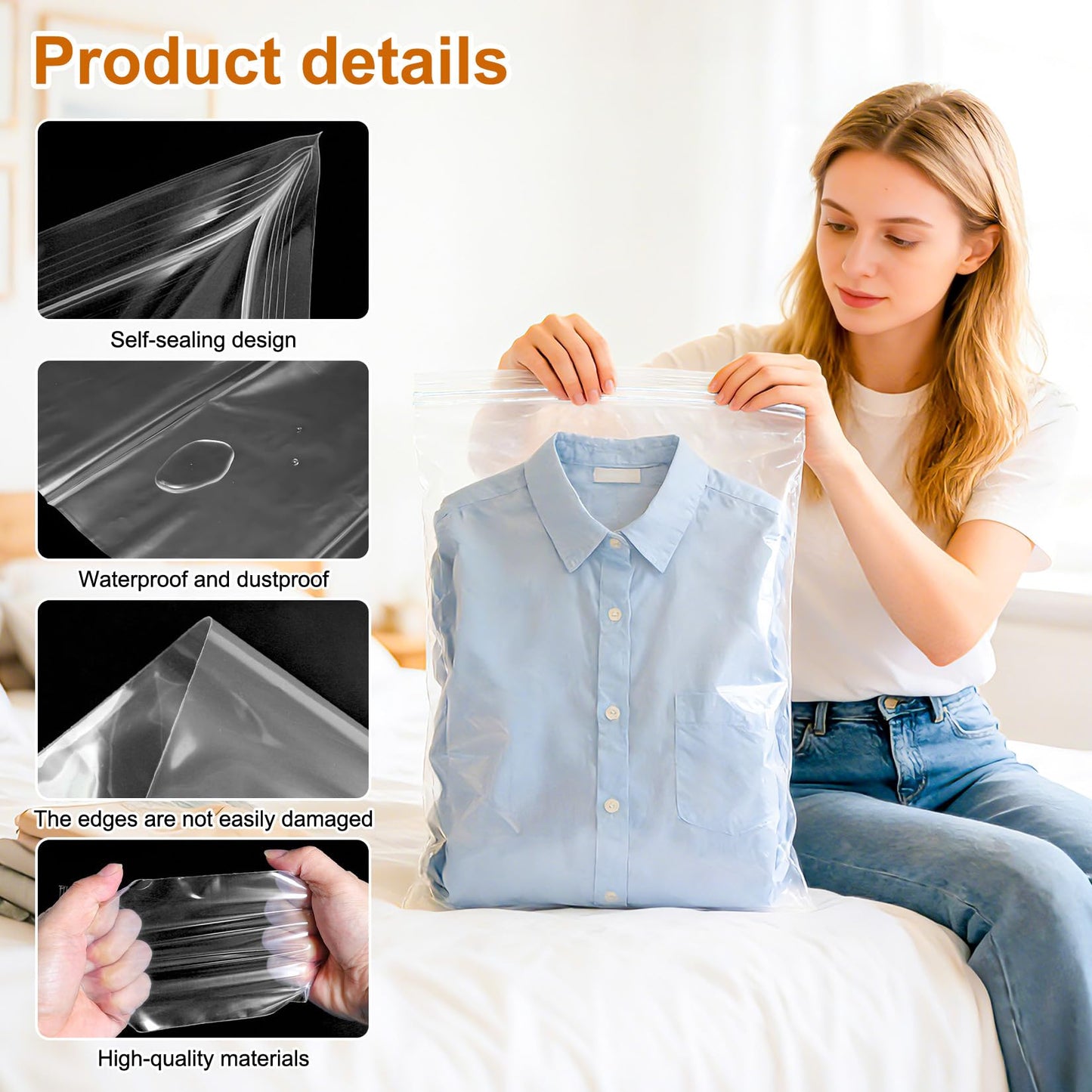 16 PcsLarge Ziplock Bags for Clothes, 40x50 cm Resealable Large Zip Lock Bagss, Clear Seal Waterproof Plastic Large Clothes Storage Bags with Zips