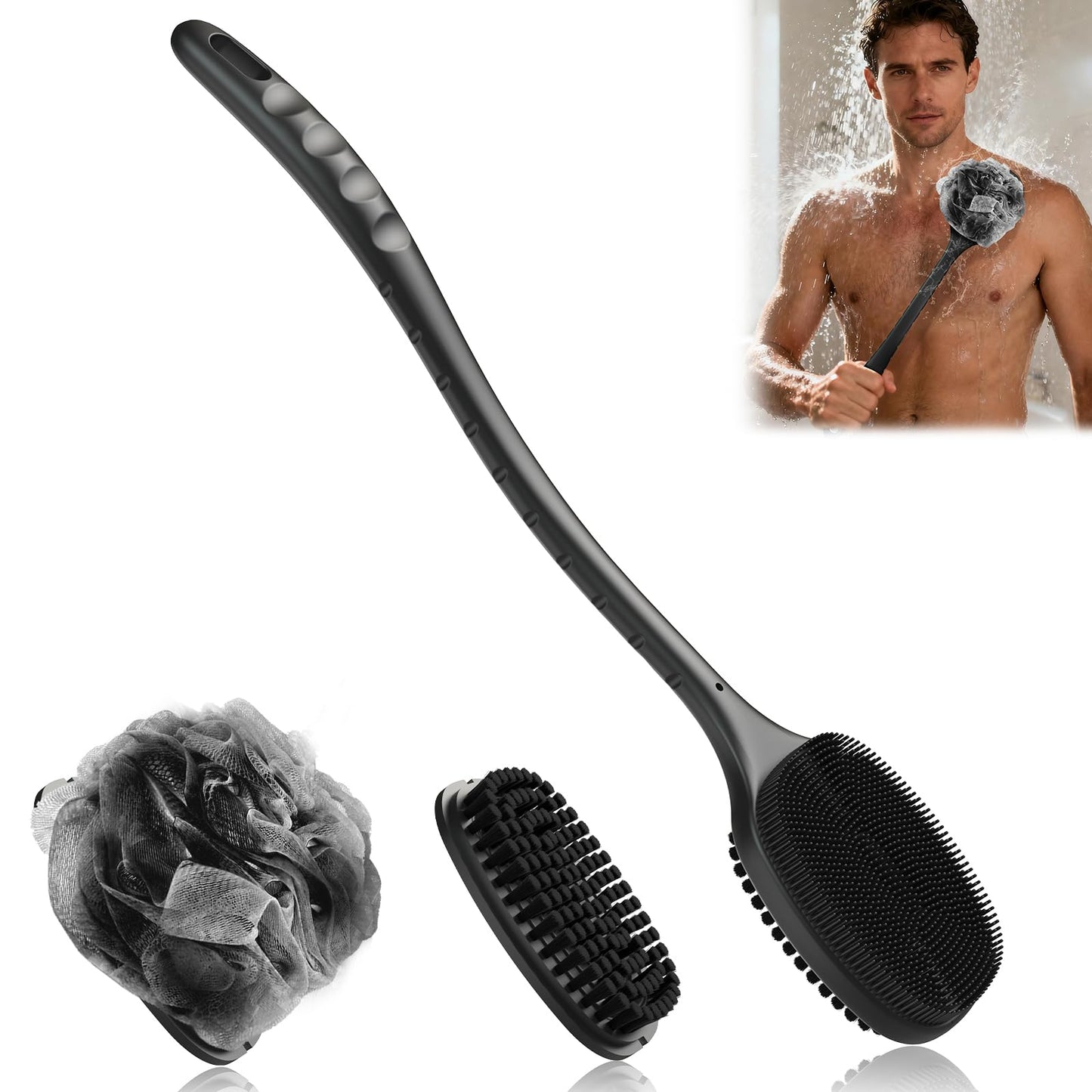 Back Scrubber for Shower, New Updated, Reversible Body Scrub Brush, Long Handle, Comes with Soft Silicone Bristles and Stiff Nylon Bristles for Shower