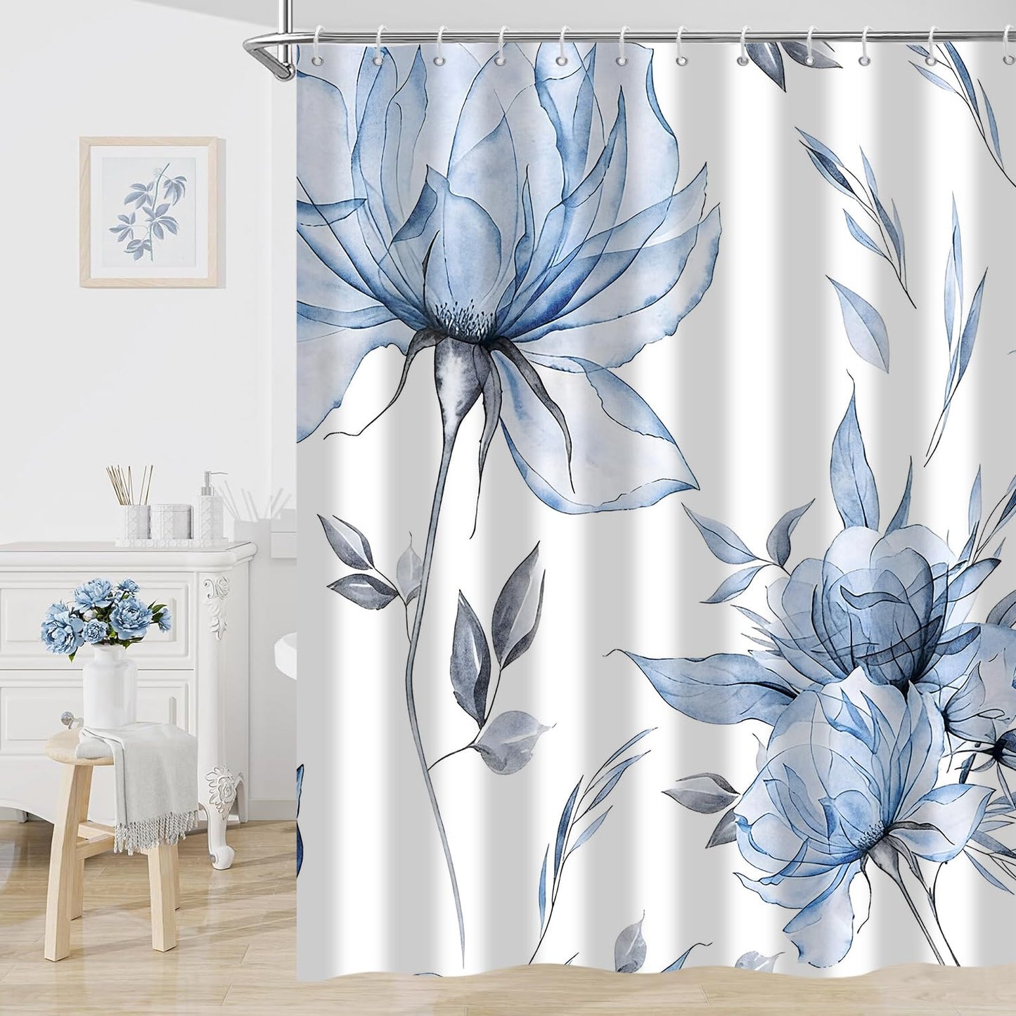 Hnmdmyi Watercolor Floral Shower Curtain 180x180, Blue Boho Flower Leaf Modern Minimalist Aesthetic Art Bathroom Curtains Waterproof Polyester Fabric