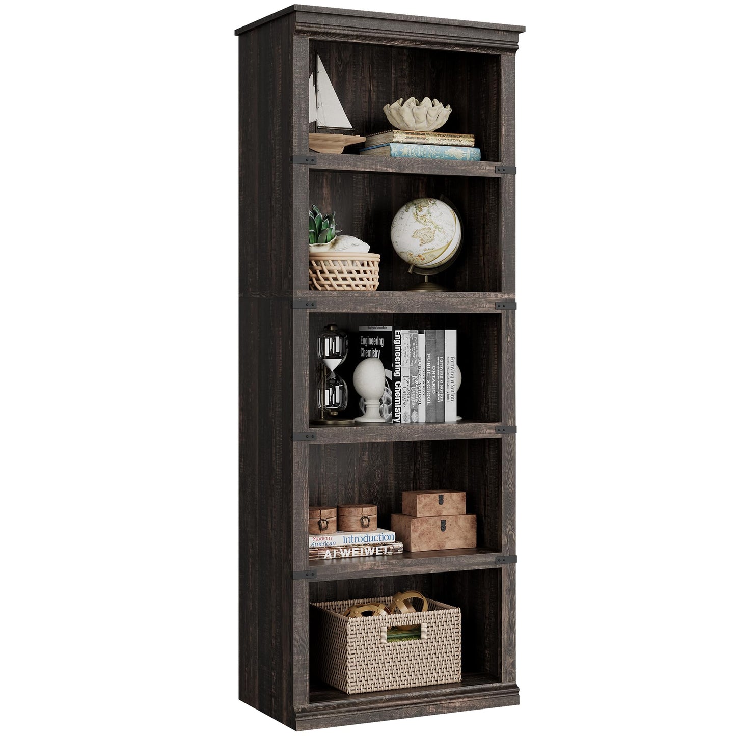 5 Tier Bookcase, Farmhouse Book Shelf with Storage Open Display Bookshelves, Book Case Wooden 5 Shelf Bookcase Home Decor Furniture for Home Office